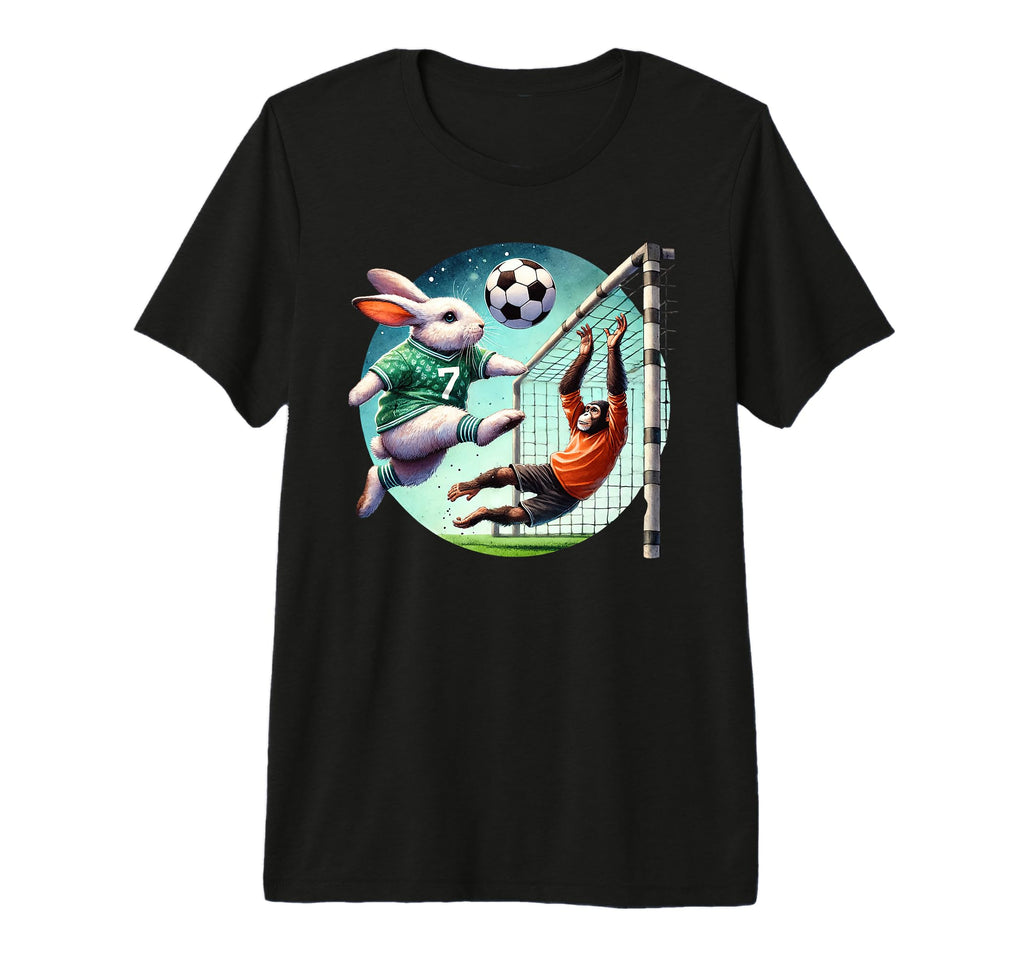 Bunny Kicks Soccer Ball Past Chimp T-Shirt - Aesthetic Graphic for Adults - T-Shirt, Sweatshirt, Hoodie