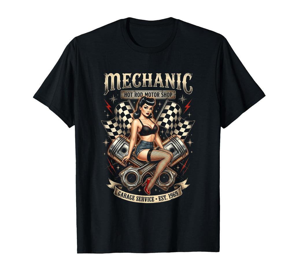 Mechanic Hot Rod Garage Pin Up T-Shirt - Graphic Print Unisex - T-Shirt, Sweatshirt, Hoodie
