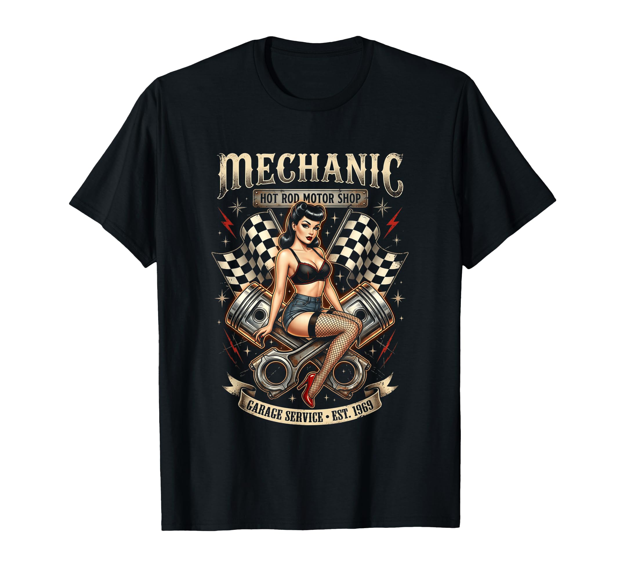 Mechanic Hot Rod Garage Pin Up T-Shirt - Graphic Print Unisex - T-Shirt, Sweatshirt, Hoodie