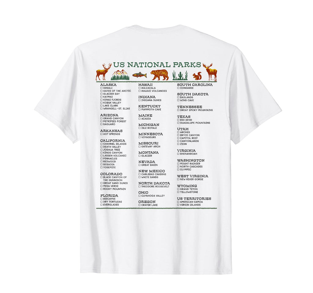 Us National Parks Checklist List T-Shirt - Novelty Apparel for Adults - T-Shirt, Sweatshirt, Hoodie