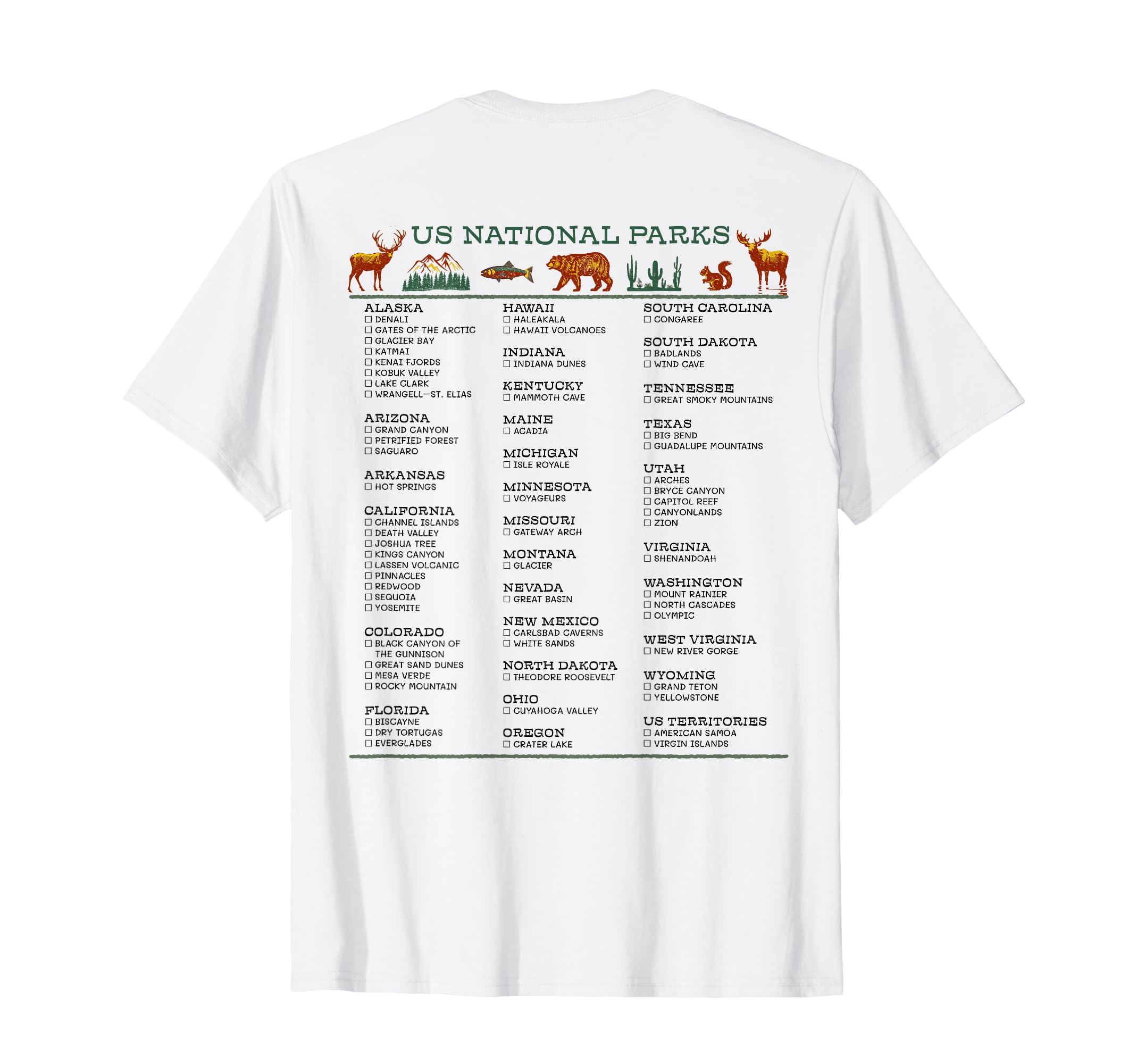 Us National Parks Checklist List T-Shirt - Novelty Apparel for Adults - T-Shirt, Sweatshirt, Hoodie