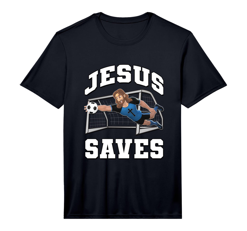 Jesus Saves Soccer Goal Performance T-Shirt - Fun Novelty Design for Adults - T-Shirt, Sweatshirt, Hoodie