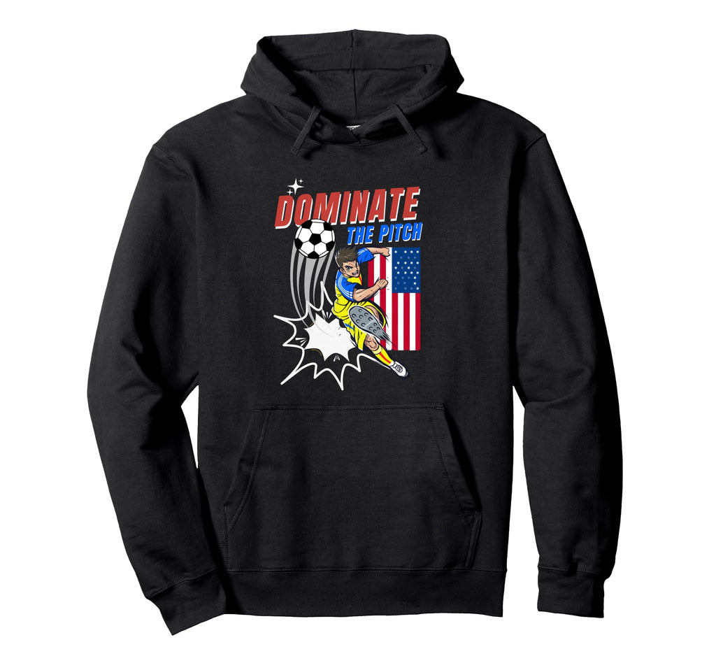 Dominate Pitch Soccer Player Action Usa Hoodie - Trendy Graphic for Adults - T-Shirt, Sweatshirt, Hoodie