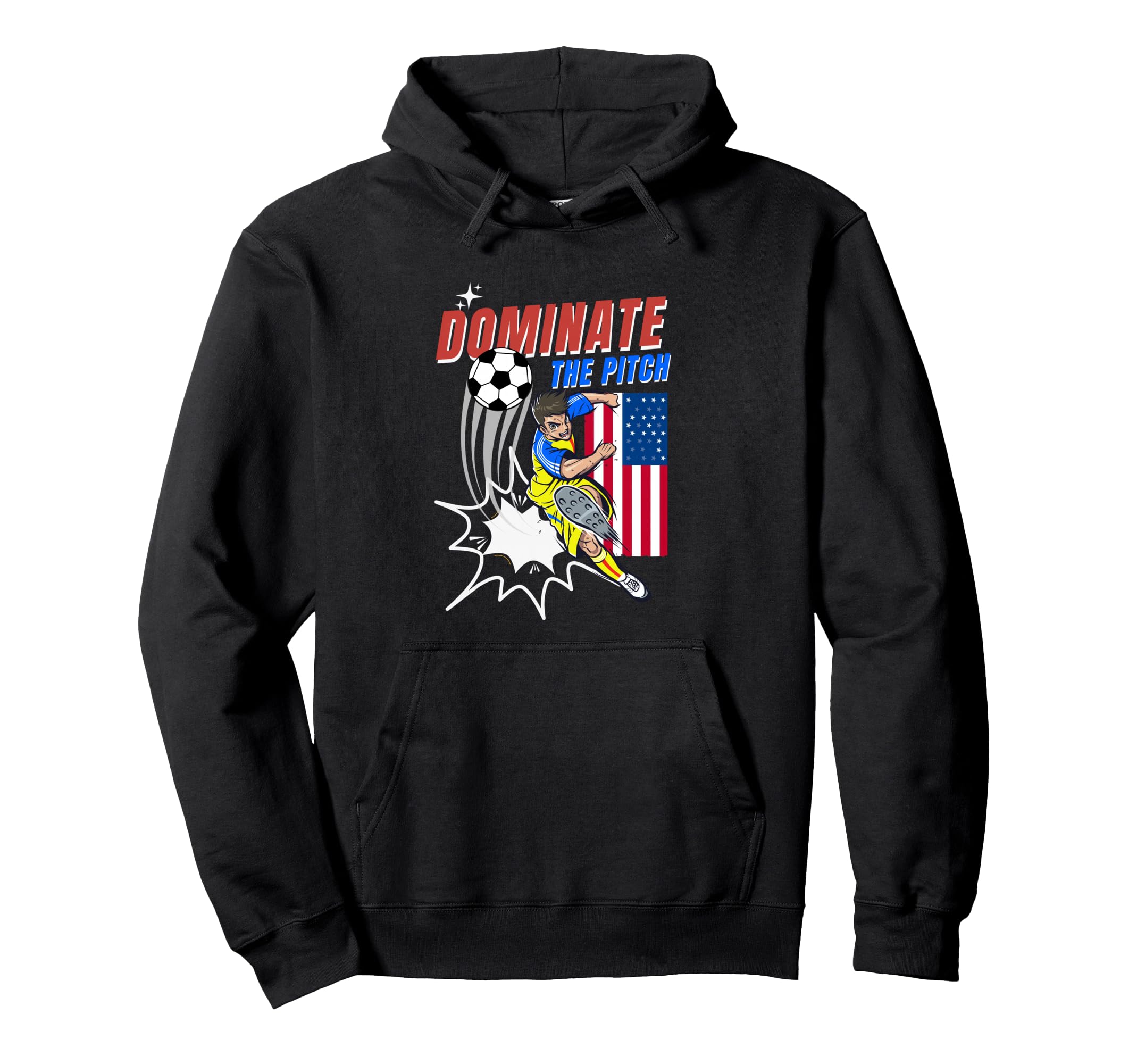 Dominate Pitch Soccer Player Action Usa Hoodie - Trendy Graphic for Adults - T-Shirt, Sweatshirt, Hoodie