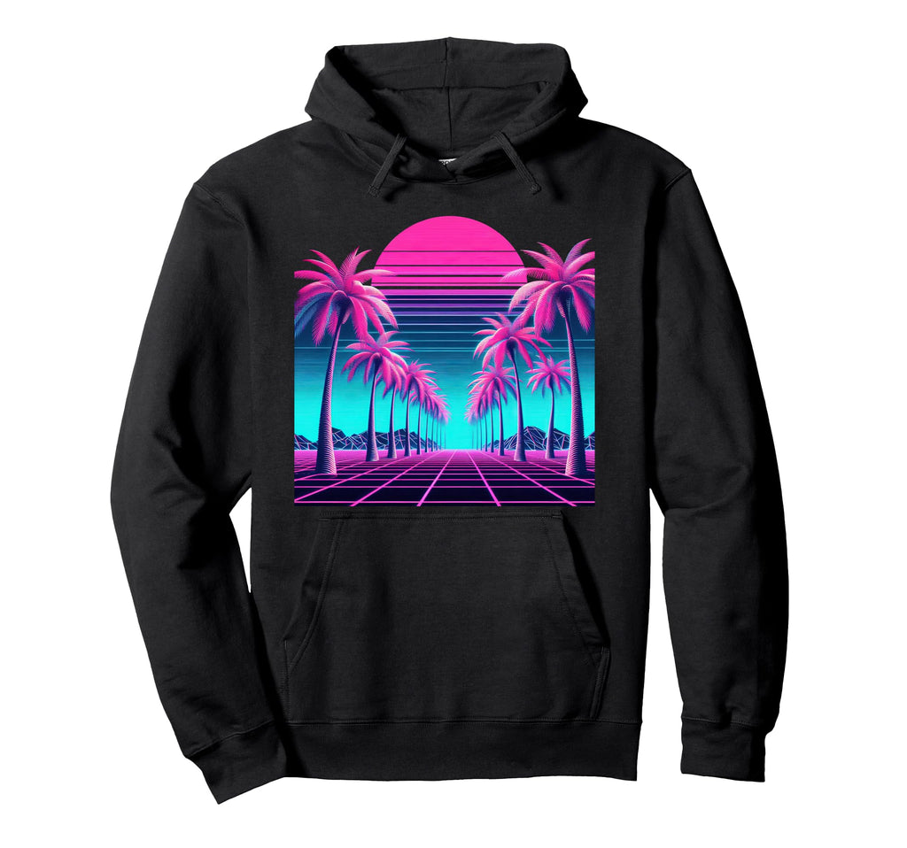 80S Vaporwave Synthwave Palm Tree Sunset Hoodie - Graphic Print for Adults - T-Shirt, Sweatshirt, Hoodie
