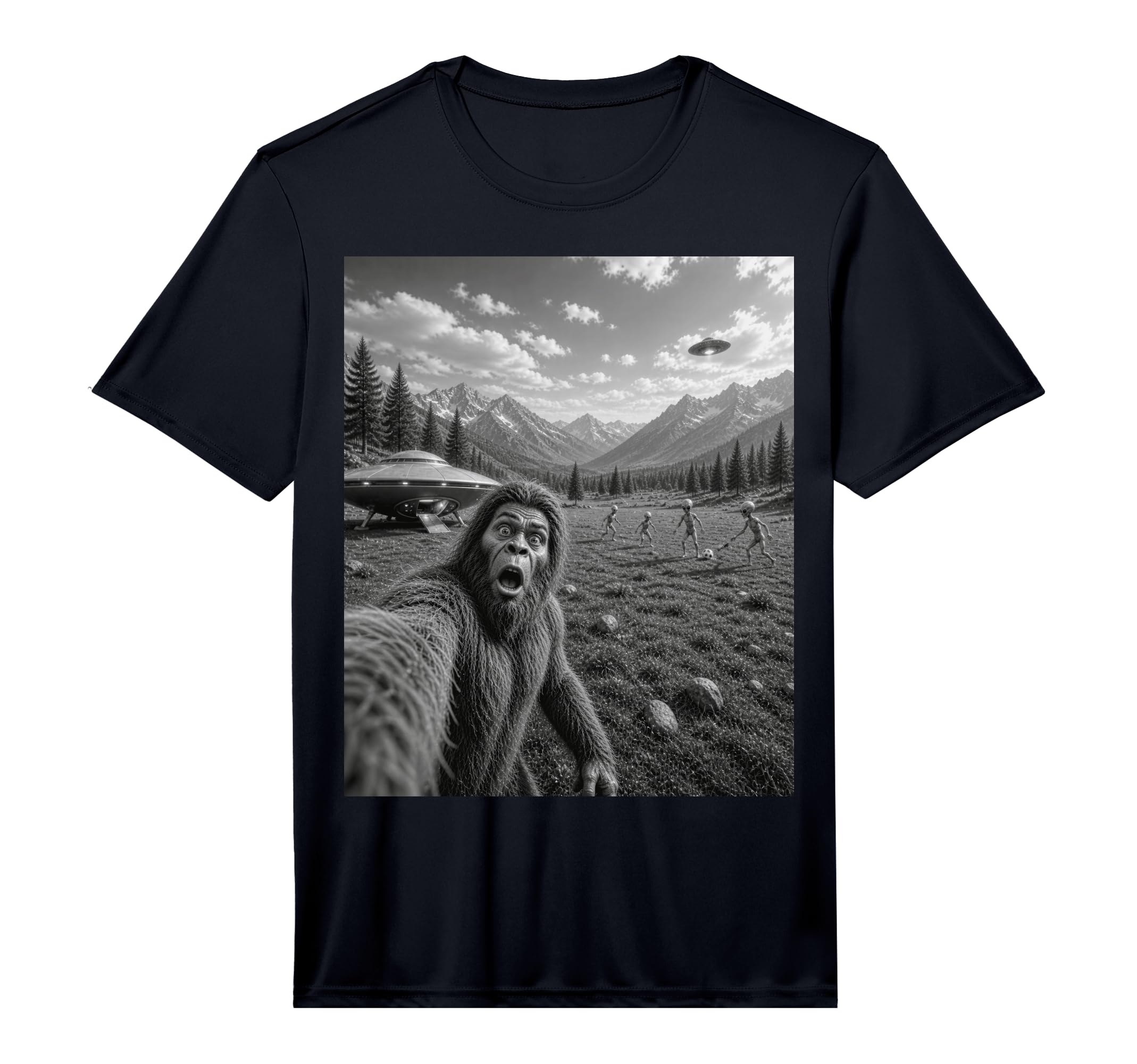 Bigfoot Selfie Aliens Playing Soccer T-Shirt - Novelty Apparel Unisex - T-Shirt, Sweatshirt, Hoodie