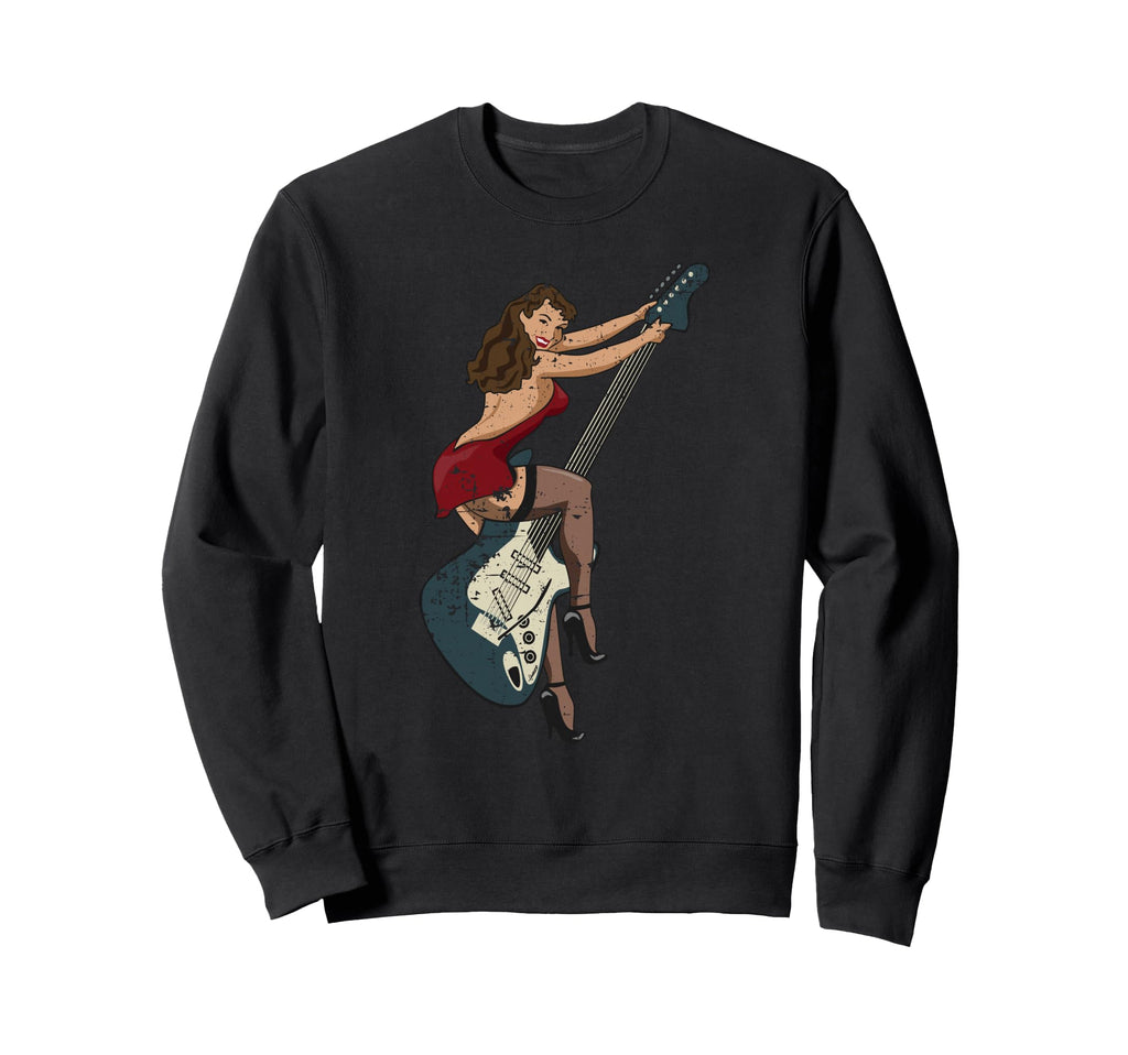 Distressed Pin Up Riding Guitar Sweatshirt - Aesthetic Graphic Unisex - T-Shirt, Sweatshirt, Hoodie