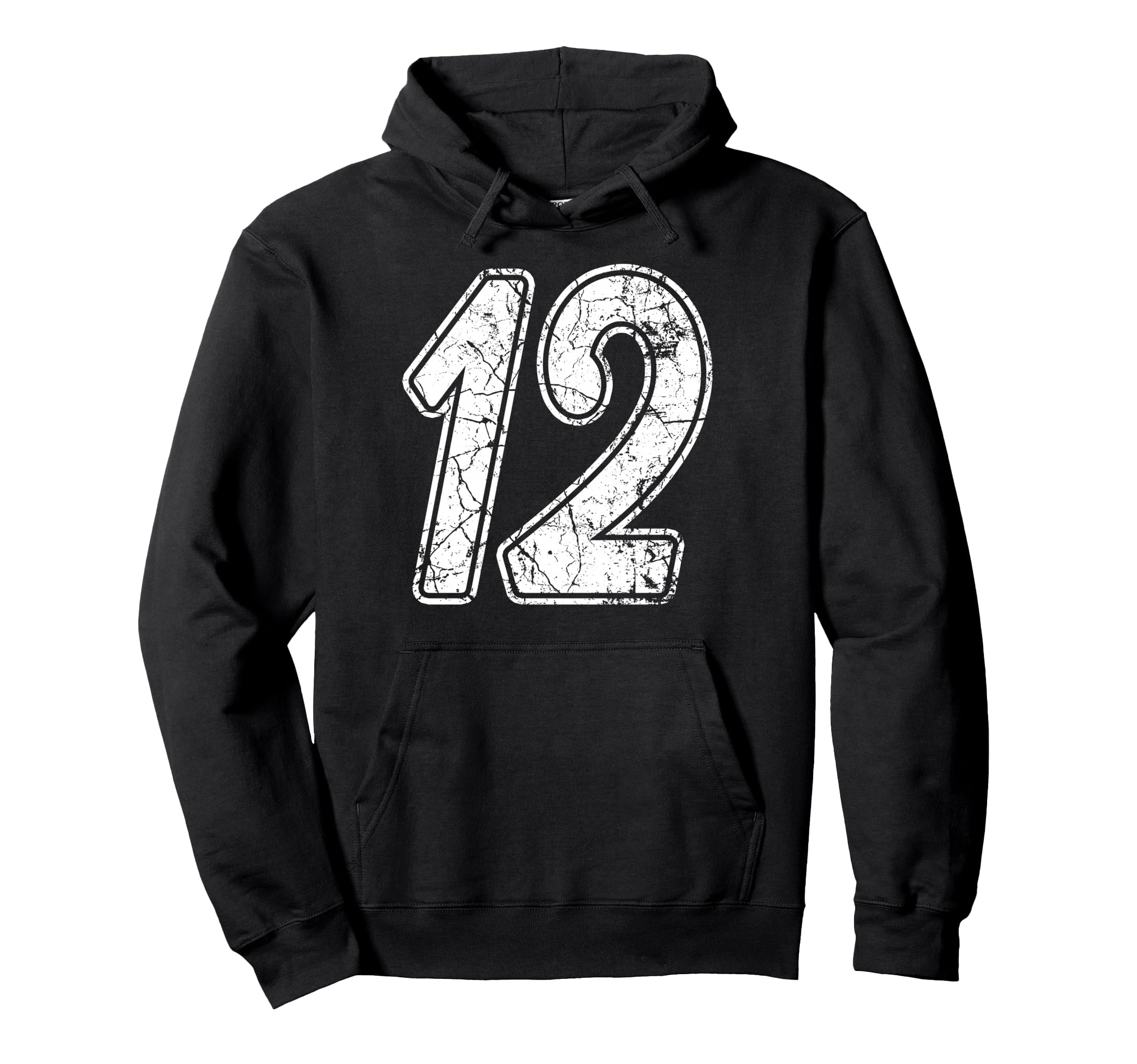 Distressed White Script Number 12 Hoodie - Fun Novelty Design for Adults - T-Shirt, Sweatshirt, Hoodie