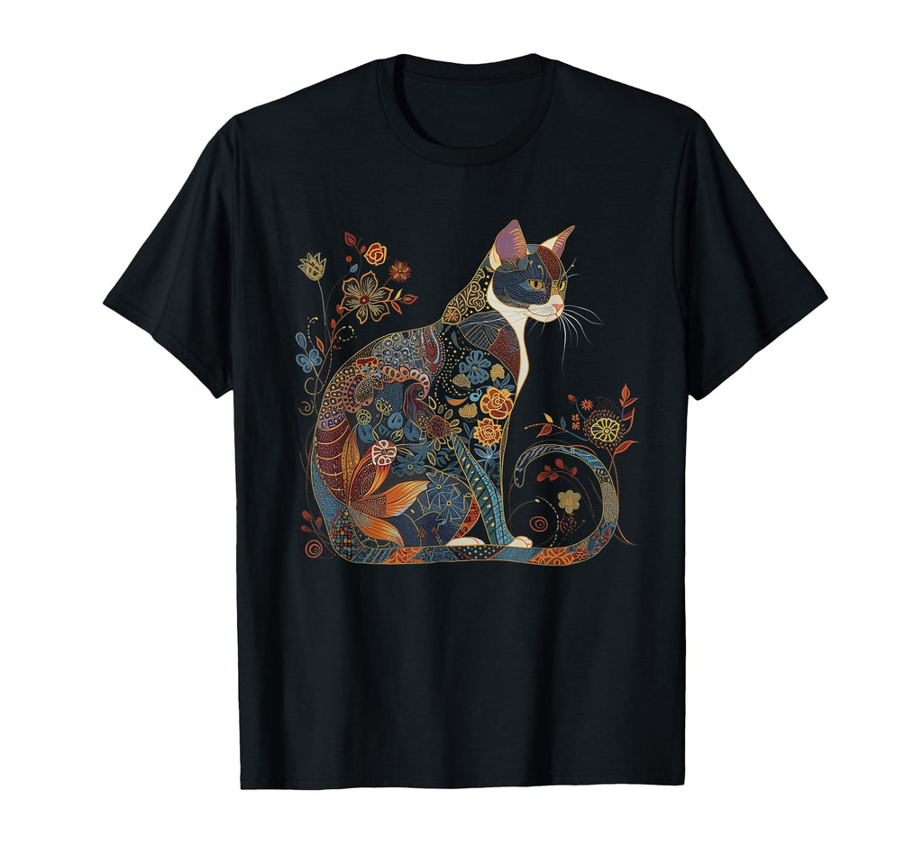 Cat Colorful Floral Patterns Flowers Art T-Shirt - Graphic Print Men Women - T-Shirt, Sweatshirt, Hoodie
