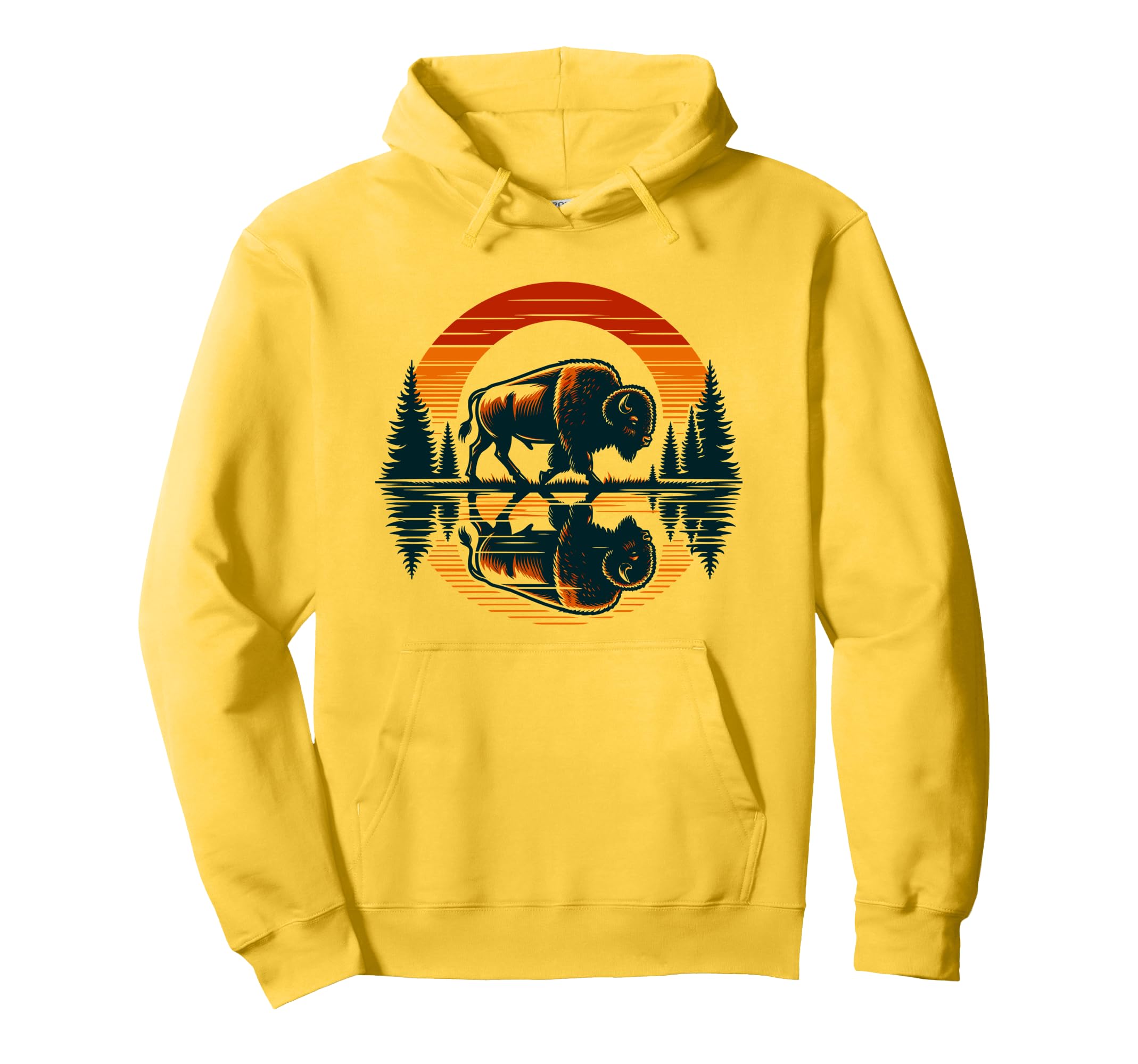 Sunset Trees Bison Reflection Hoodie - Casual Everyday Wear Men Women - T-Shirt, Sweatshirt, Hoodie