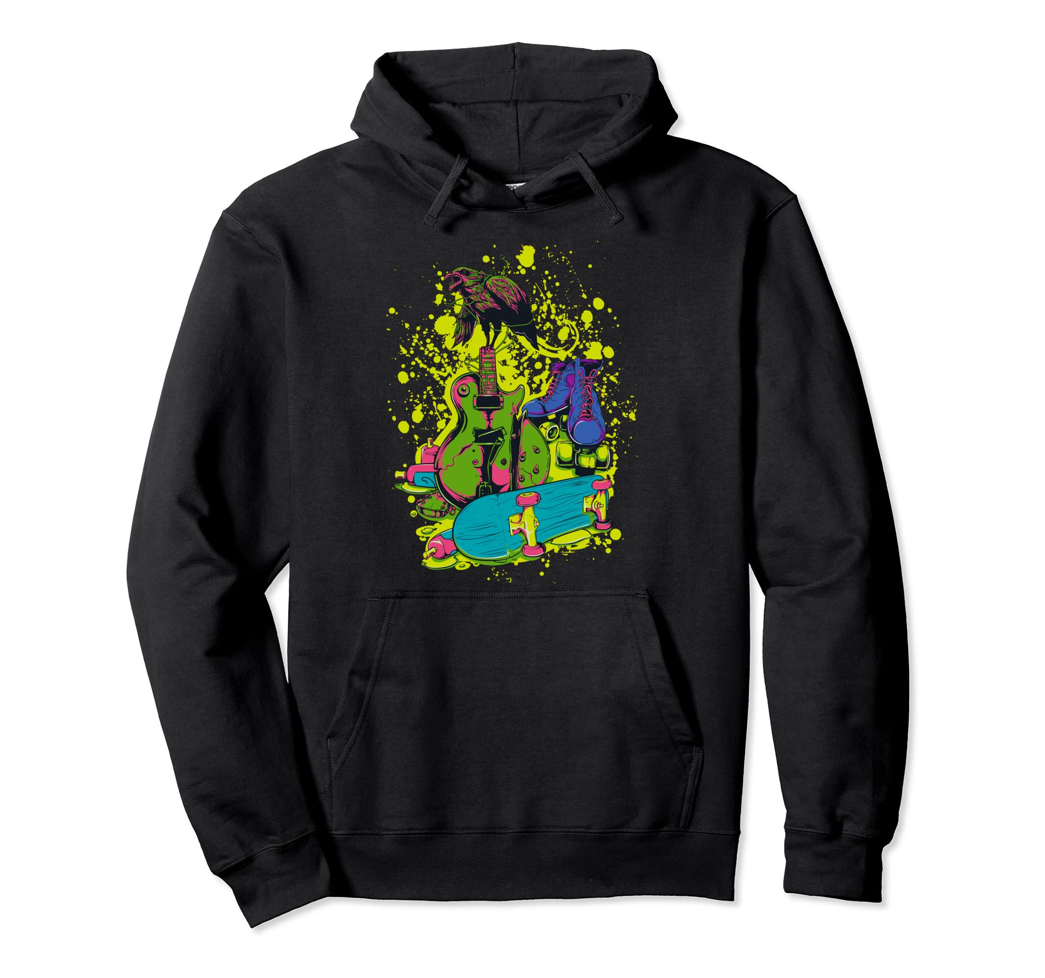 80S Guitar Roller Skates And Skateboard Art Hoodie - Trendy Graphic Unisex - T-Shirt, Sweatshirt, Hoodie
