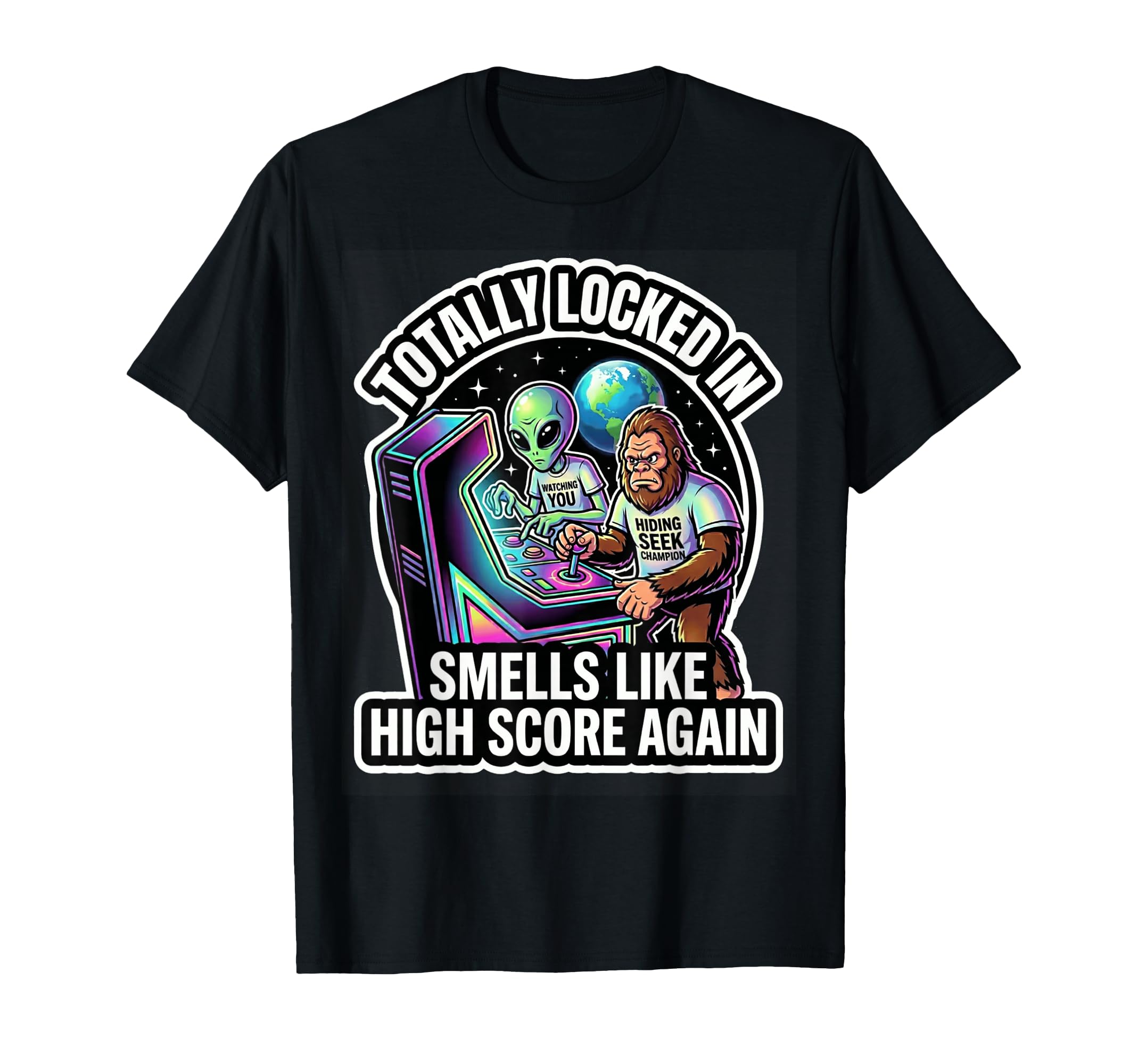 Funny Alien Bigfoot Arcade Game T-Shirt - Casual Everyday Wear for Adults - T-Shirt, Sweatshirt, Hoodie