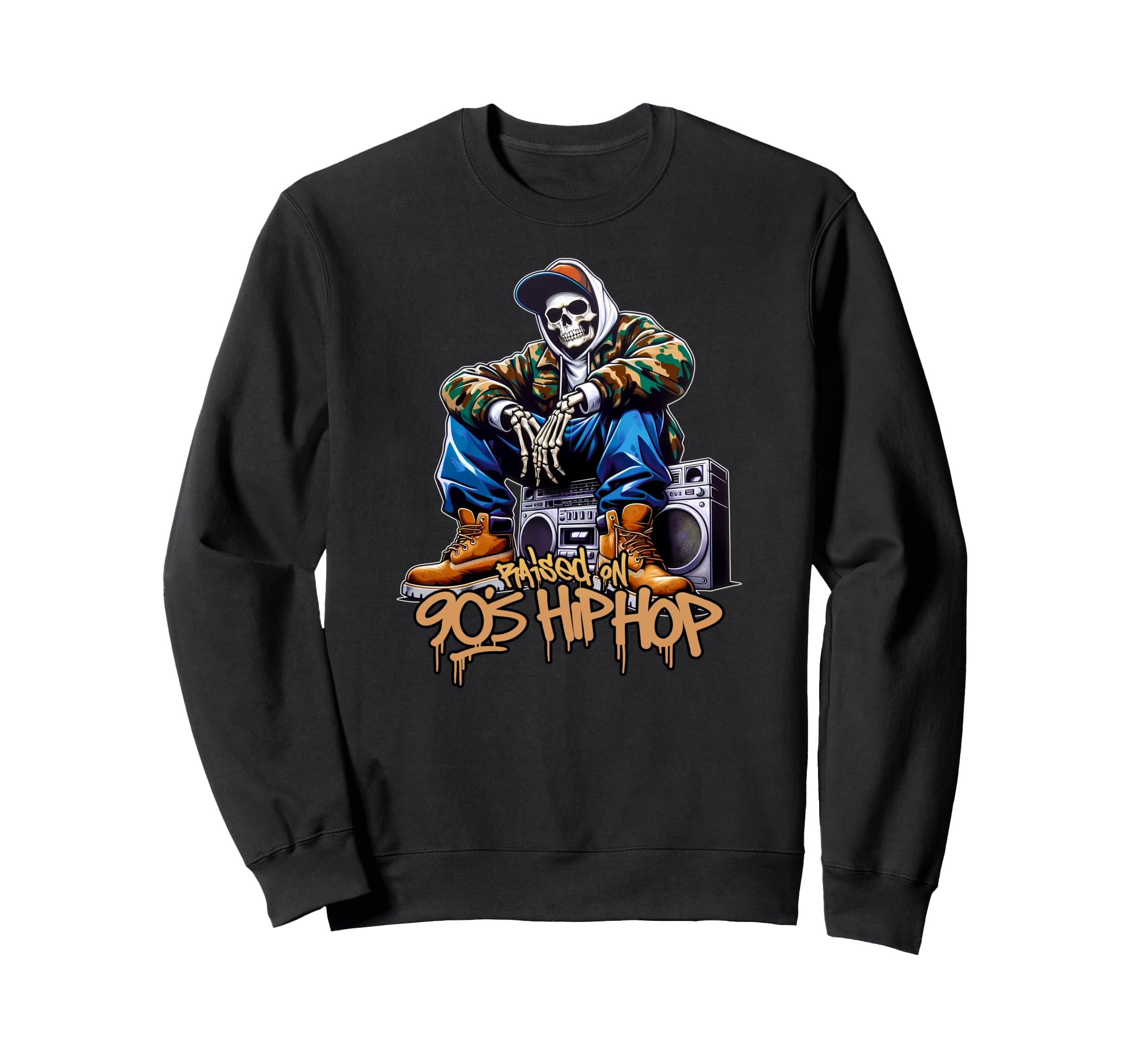 Raised 90S Hip Hop Dope Skeleton Sweatshirt - Custom Art Print Unisex - T-Shirt, Sweatshirt, Hoodie