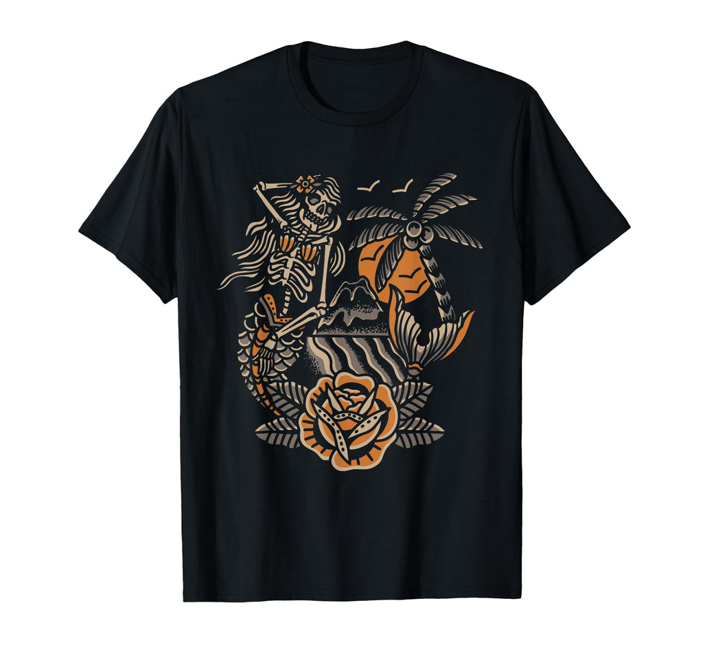 Mermaid Skeleton Traditional Tattoo T-Shirt - Custom Art Print Men Women - T-Shirt, Sweatshirt, Hoodie
