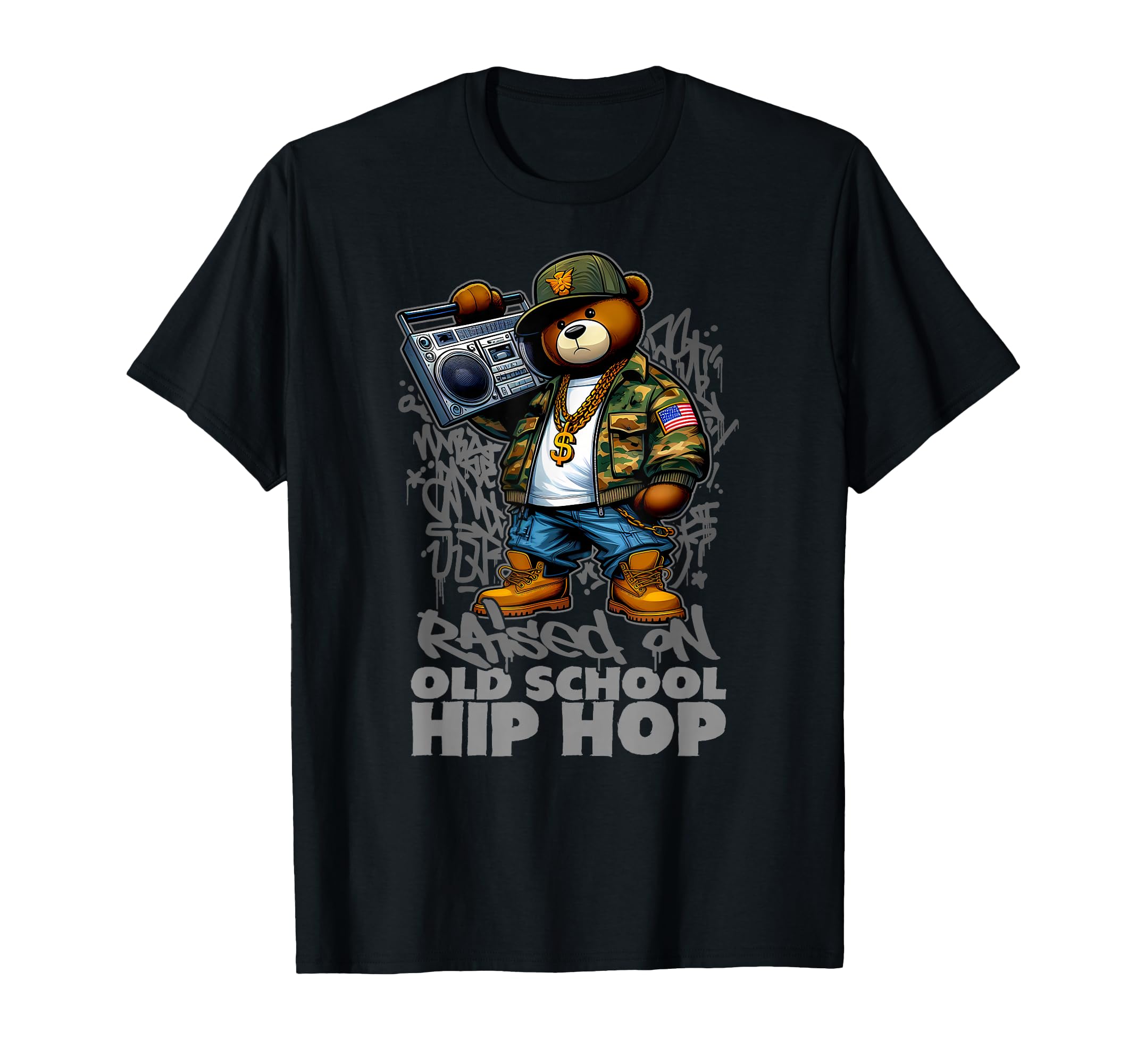 Raised Old School Hip Hop Teddy Bear T-Shirt - Graphic Print for Adults - T-Shirt, Sweatshirt, Hoodie