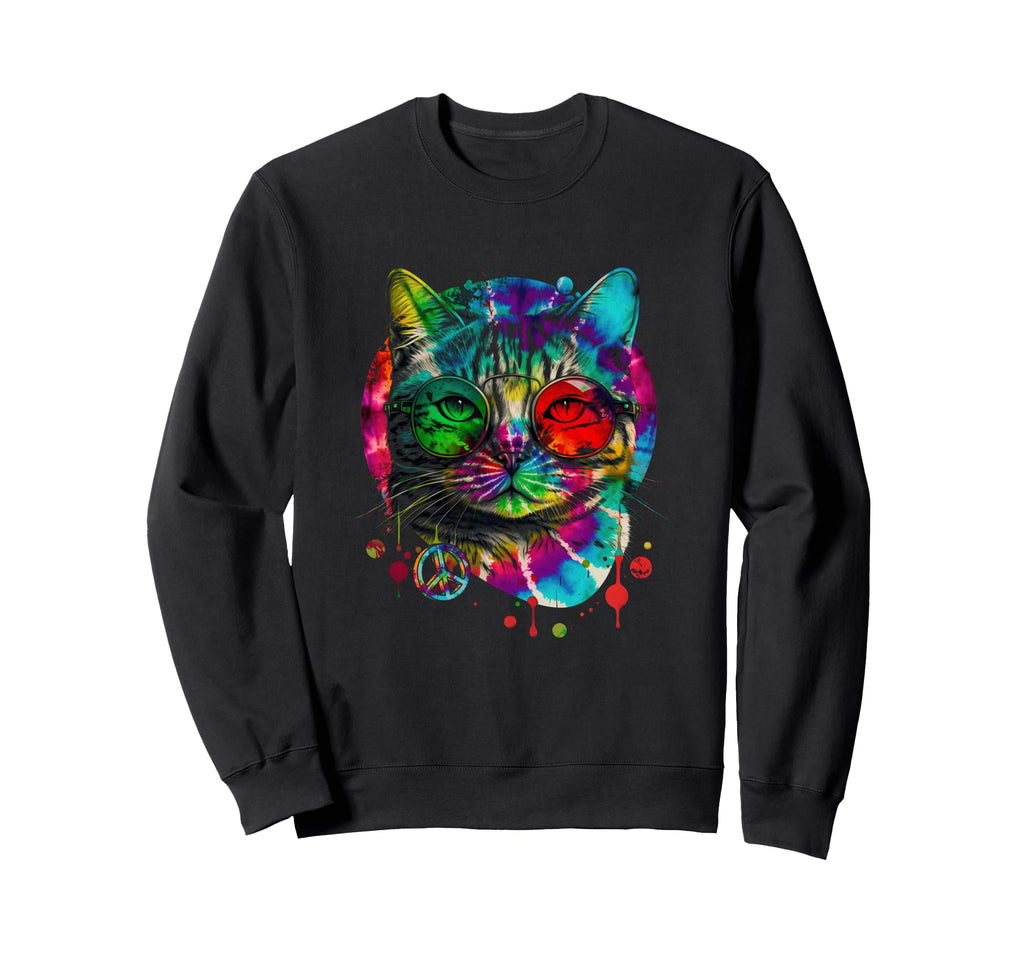 Hippie Cat Tie Dye Peace Sign 60S Sweatshirt - Minimalist Print for Adults - T-Shirt, Sweatshirt, Hoodie