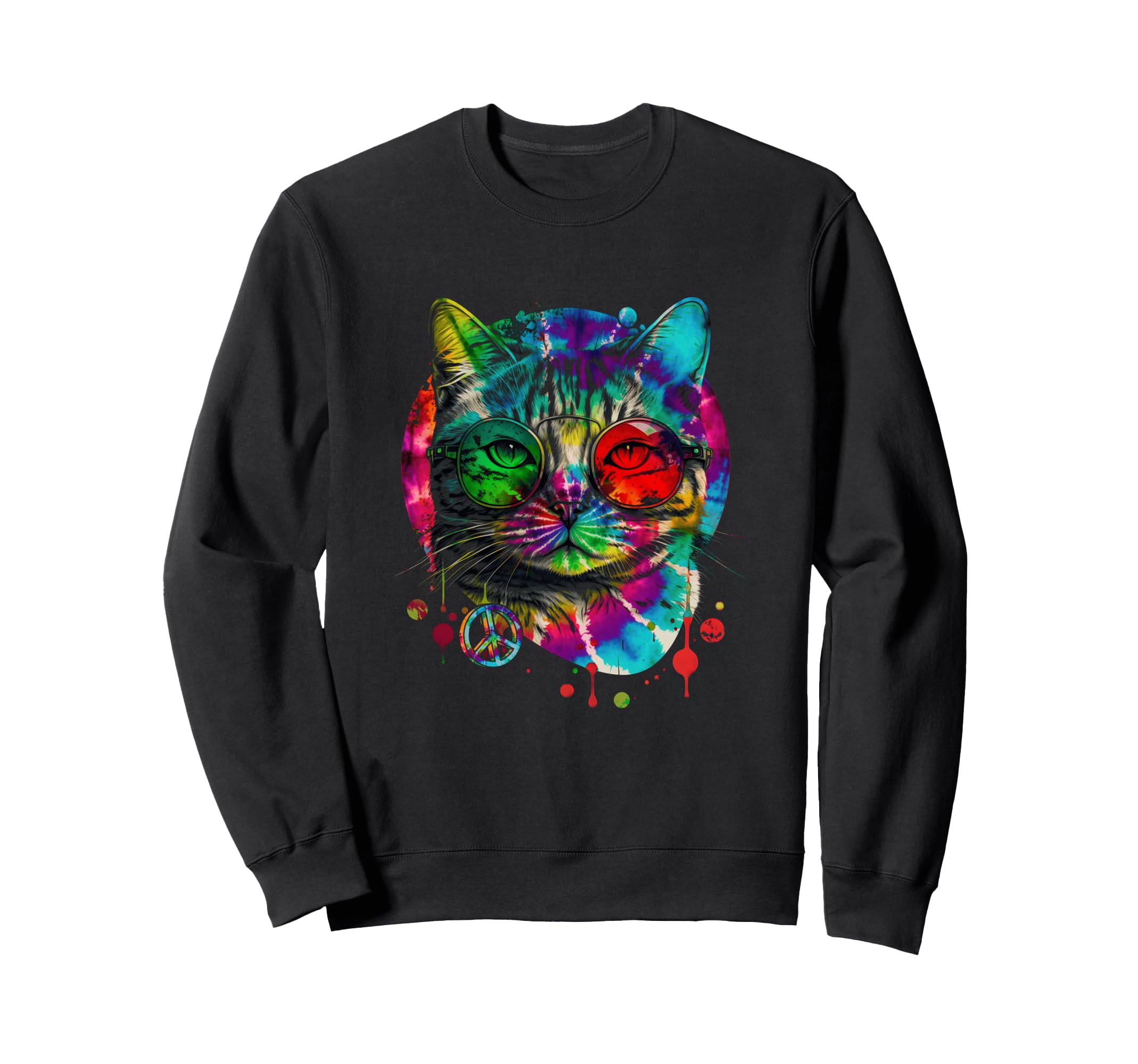 Hippie Cat Tie Dye Peace Sign 60S Sweatshirt - Minimalist Print for Adults - T-Shirt, Sweatshirt, Hoodie