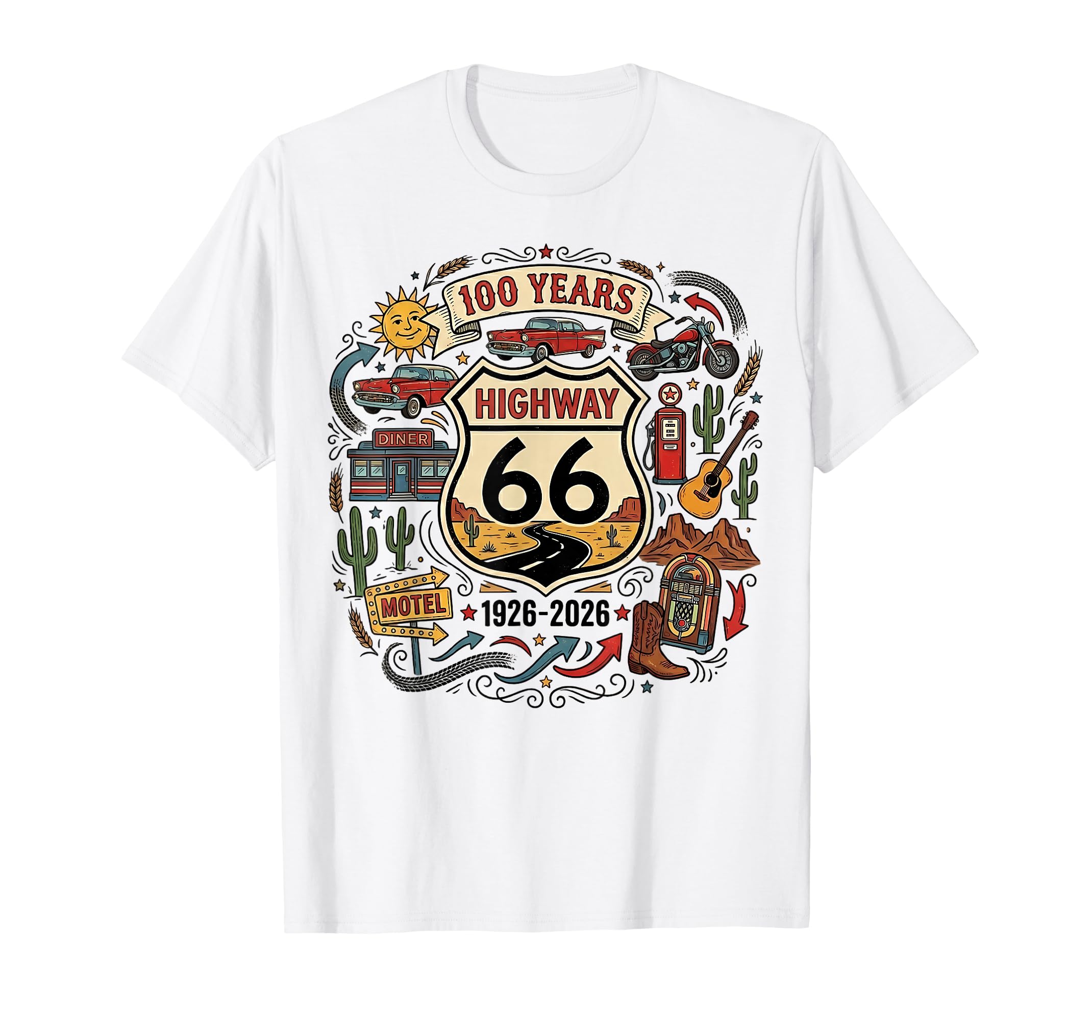 Highway 66 100 Years Centennial 1926 2026 T-Shirt - Graphic Print Unisex - T-Shirt, Sweatshirt, Hoodie