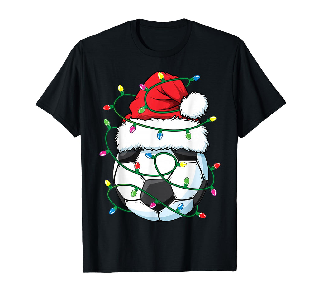 Funny Soccer Ball Santa Hat Lights T-Shirt - Minimalist Print for Adults - T-Shirt, Sweatshirt, Hoodie