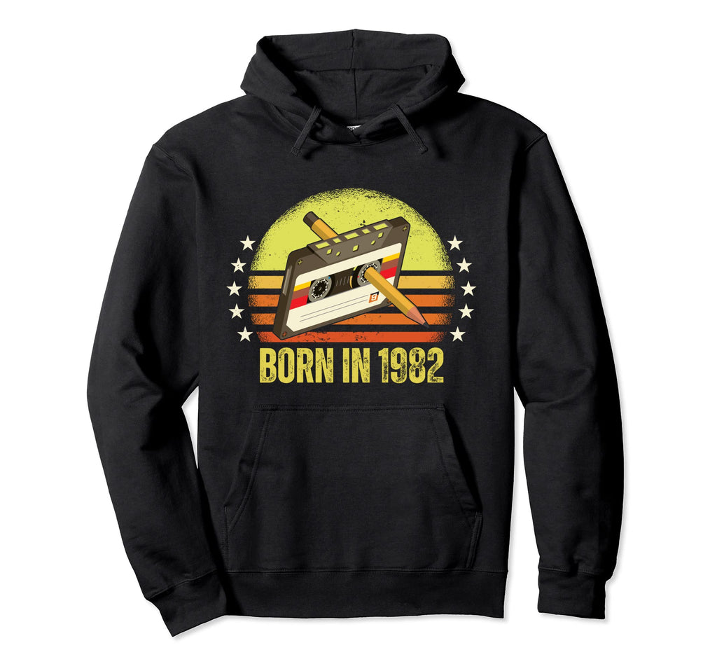 Born 1982 Cassette Tape Pencil Rewind Hoodie - Minimalist Print for Adults - T-Shirt, Sweatshirt, Hoodie