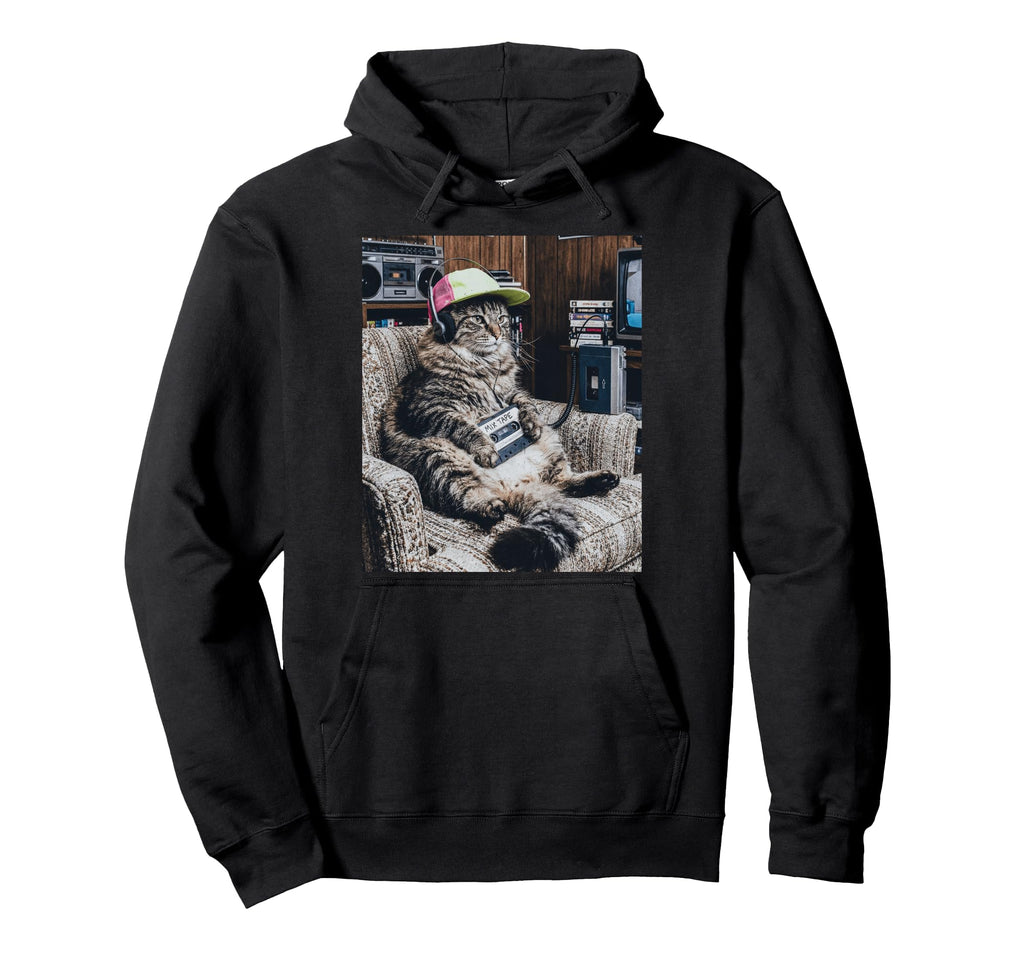 Funny Teen Cat Listening To Music 80S Hoodie - Custom Art Print Unisex - T-Shirt, Sweatshirt, Hoodie