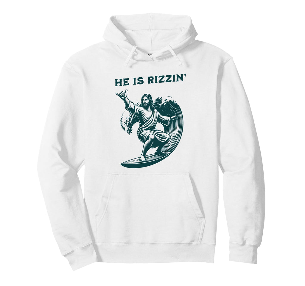 He Is Rizzin Jesus Surfing Funny Easter Hoodie - Unique Graphic Men Women - T-Shirt, Sweatshirt, Hoodie
