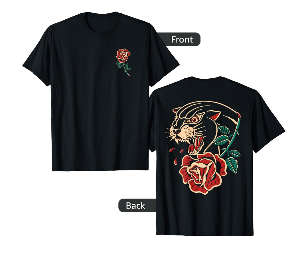 Panther Rose Traditional Tattoo T-Shirt - Minimalist Print Men Women - T-Shirt, Sweatshirt, Hoodie