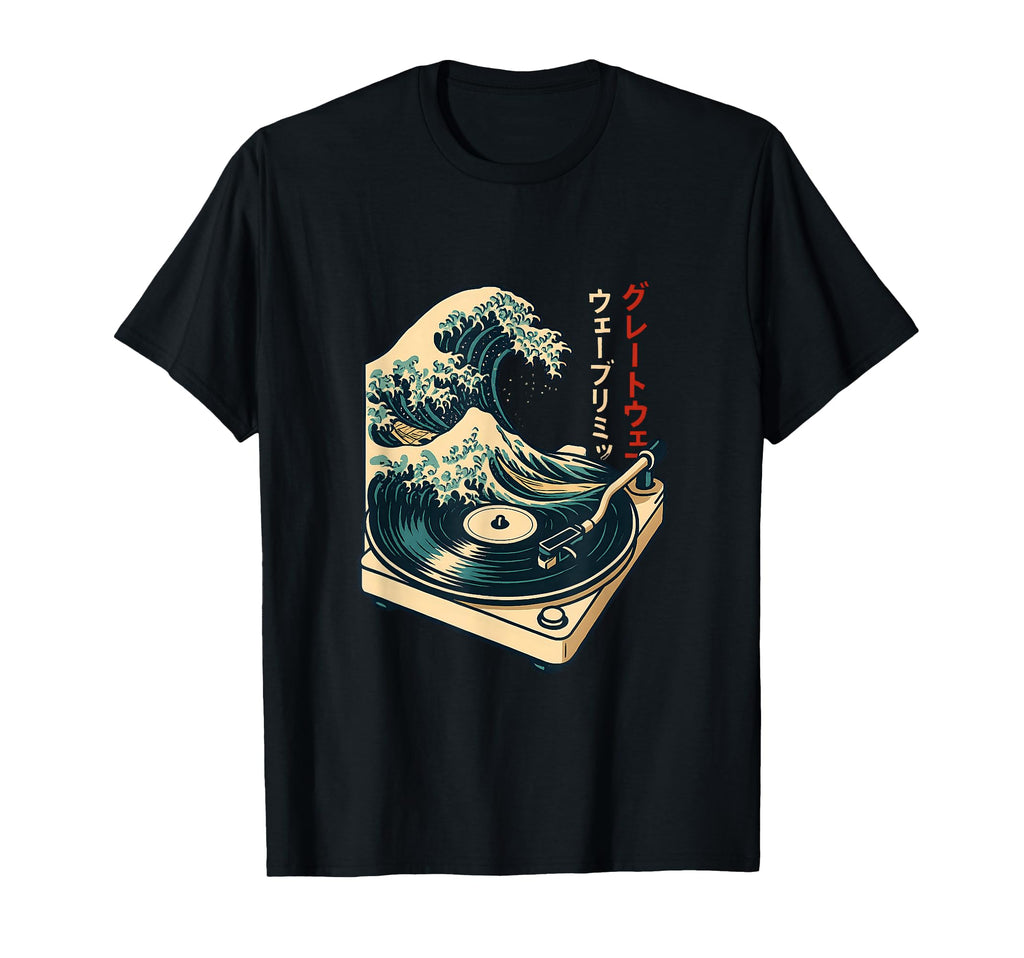 Vinyl Record Player Japanese Wave T-Shirt - Fun Novelty Design for Adults - T-Shirt, Sweatshirt, Hoodie