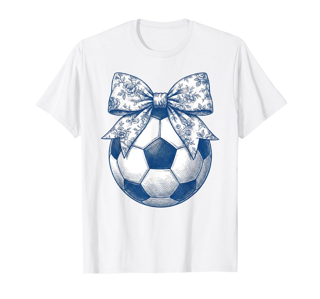 Soccer Floral Blue Toile Coquette Bow T-Shirt - Trendy Graphic for Adults - T-Shirt, Sweatshirt, Hoodie