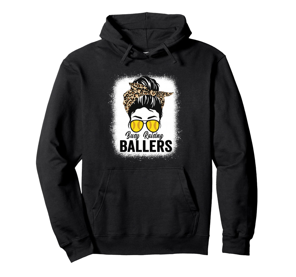 Busy Raising Ballers Softball Messy Bun Hoodie - Graphic Print Unisex - T-Shirt, Sweatshirt, Hoodie
