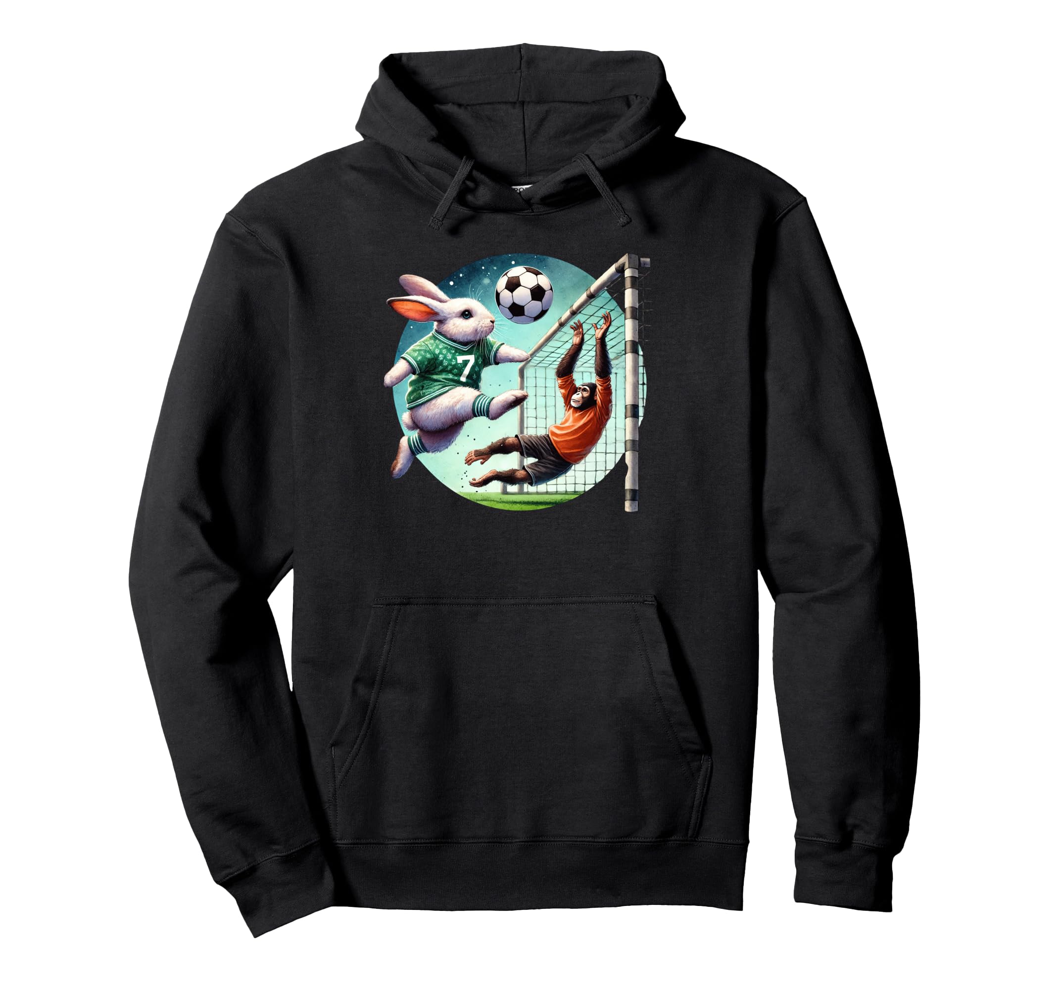 Bunny Kicks Soccer Ball Past Chimp Hoodie - Unique Graphic Unisex - T-Shirt, Sweatshirt, Hoodie