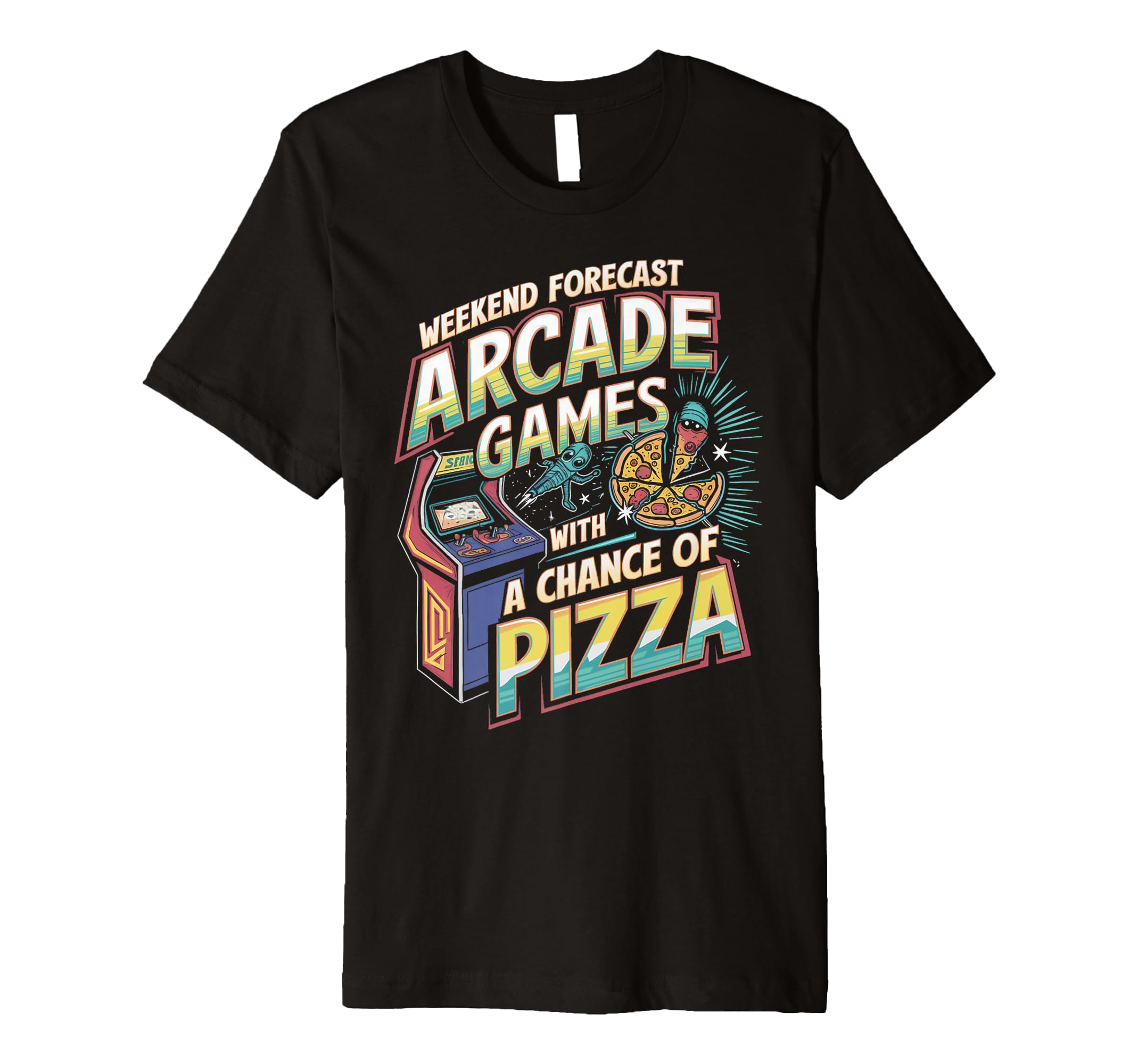 Weekend Forecast Arcade Gamer Pizza T-Shirt - Aesthetic Graphic Men Women - T-Shirt, Sweatshirt, Hoodie