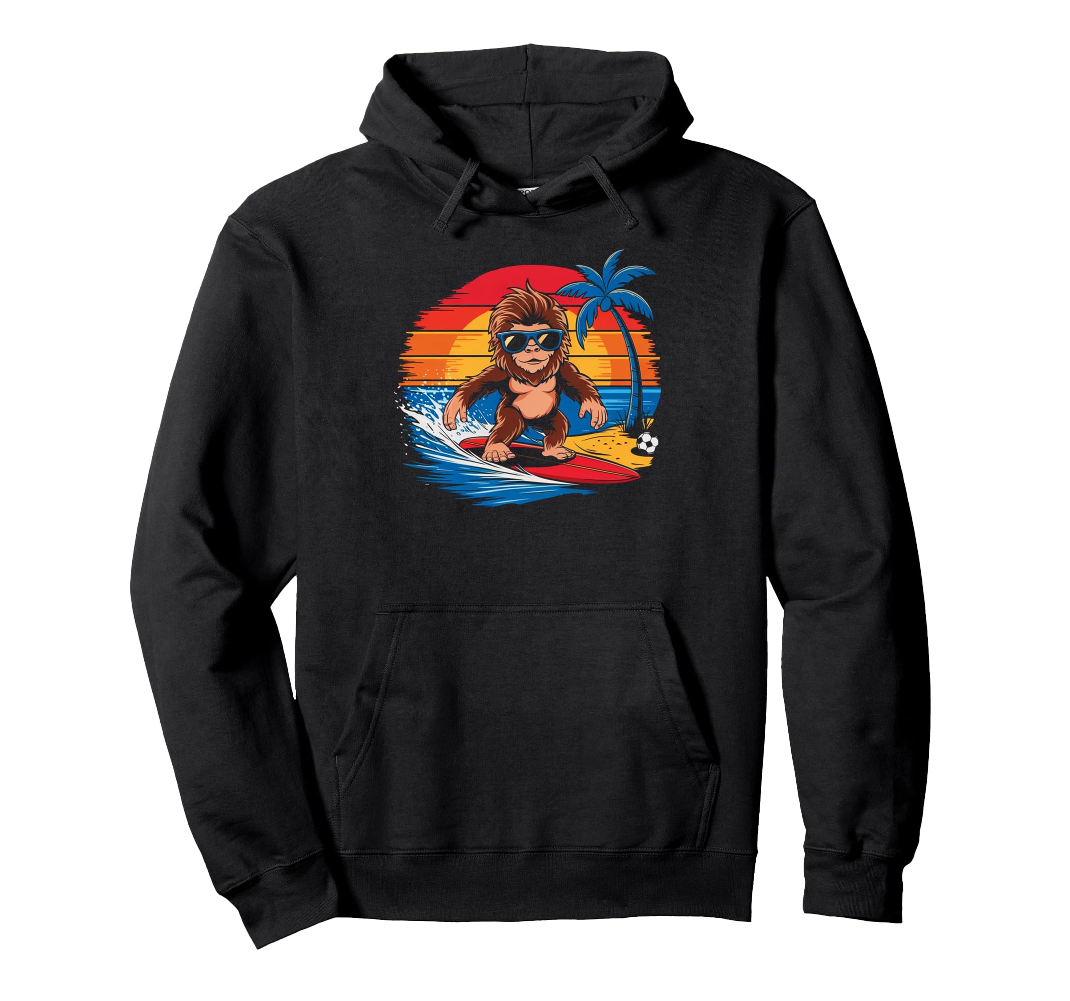 Funny Bigfoot Surfing Sunglasses Soccer Hoodie - Trendy Graphic for Adults - T-Shirt, Sweatshirt, Hoodie