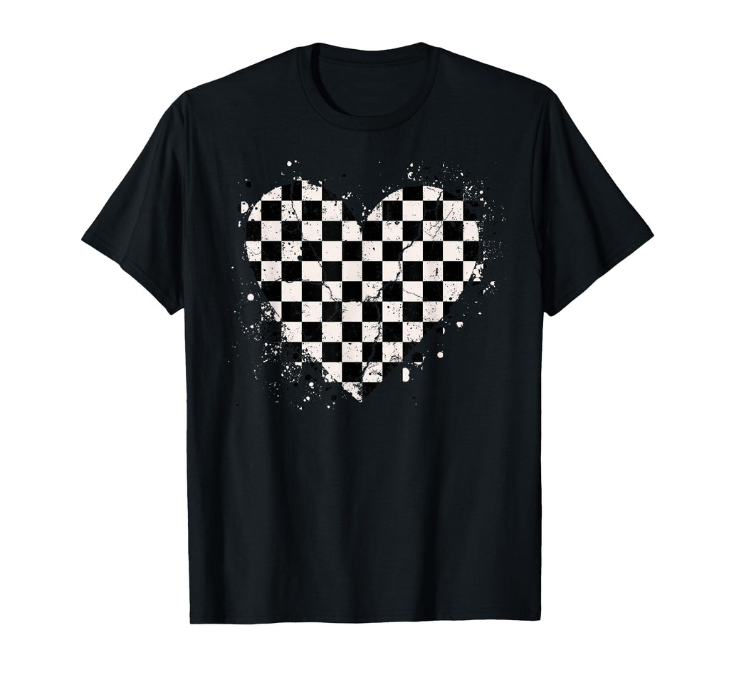 Checkered Love Heart Black White T-Shirt - Custom Art Print Men Women - T-Shirt, Sweatshirt, Hoodie