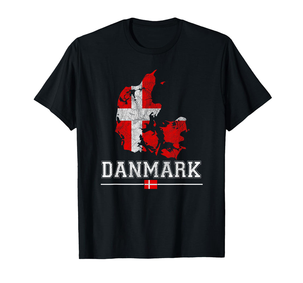 Danish Map And Flag Souvenir Distressed T-Shirt - Graphic Print Unisex - T-Shirt, Sweatshirt, Hoodie