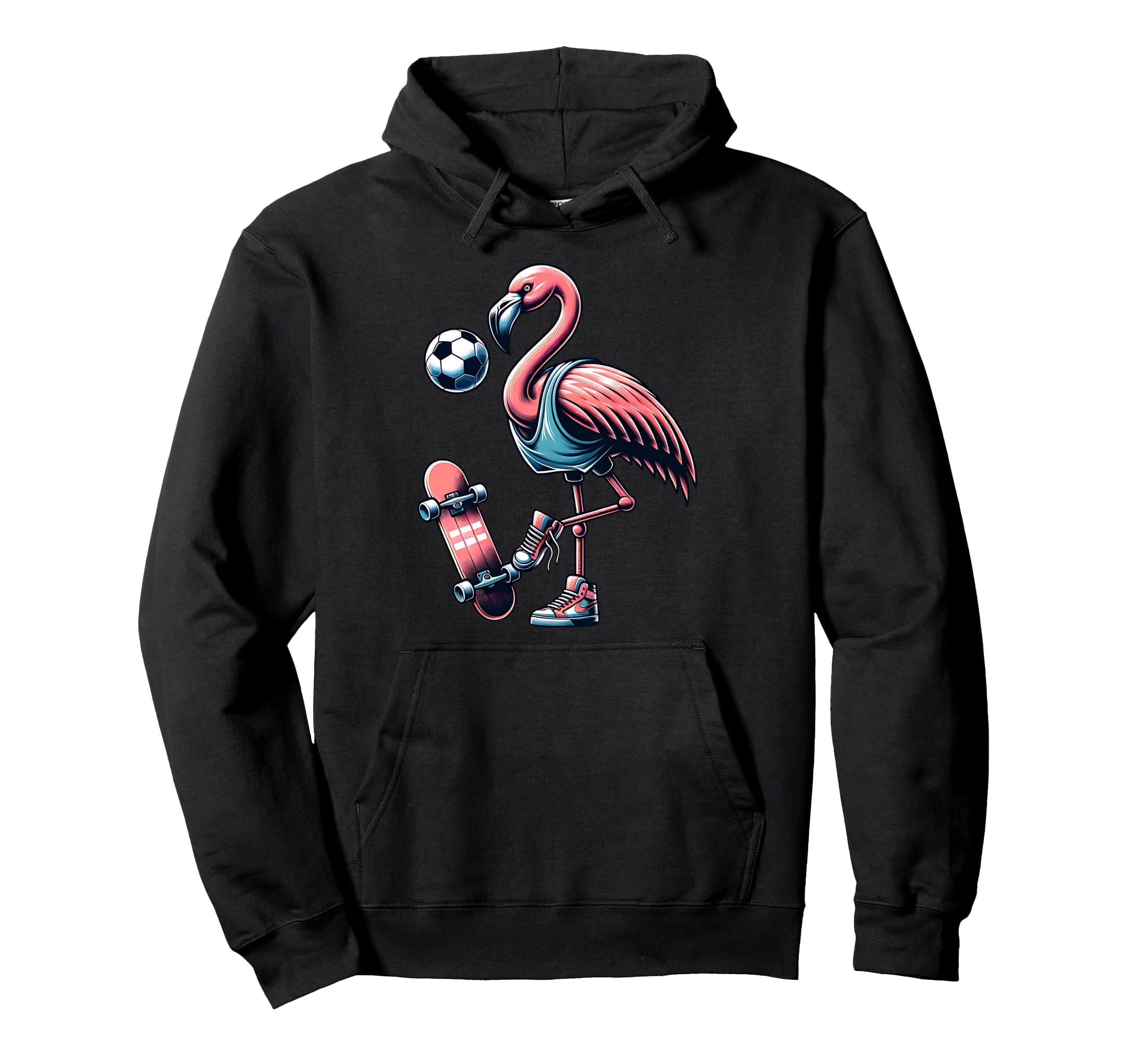 Flamingo Skater Soccer Ball And Skateboard Hoodie - Graphic Print Unisex - T-Shirt, Sweatshirt, Hoodie