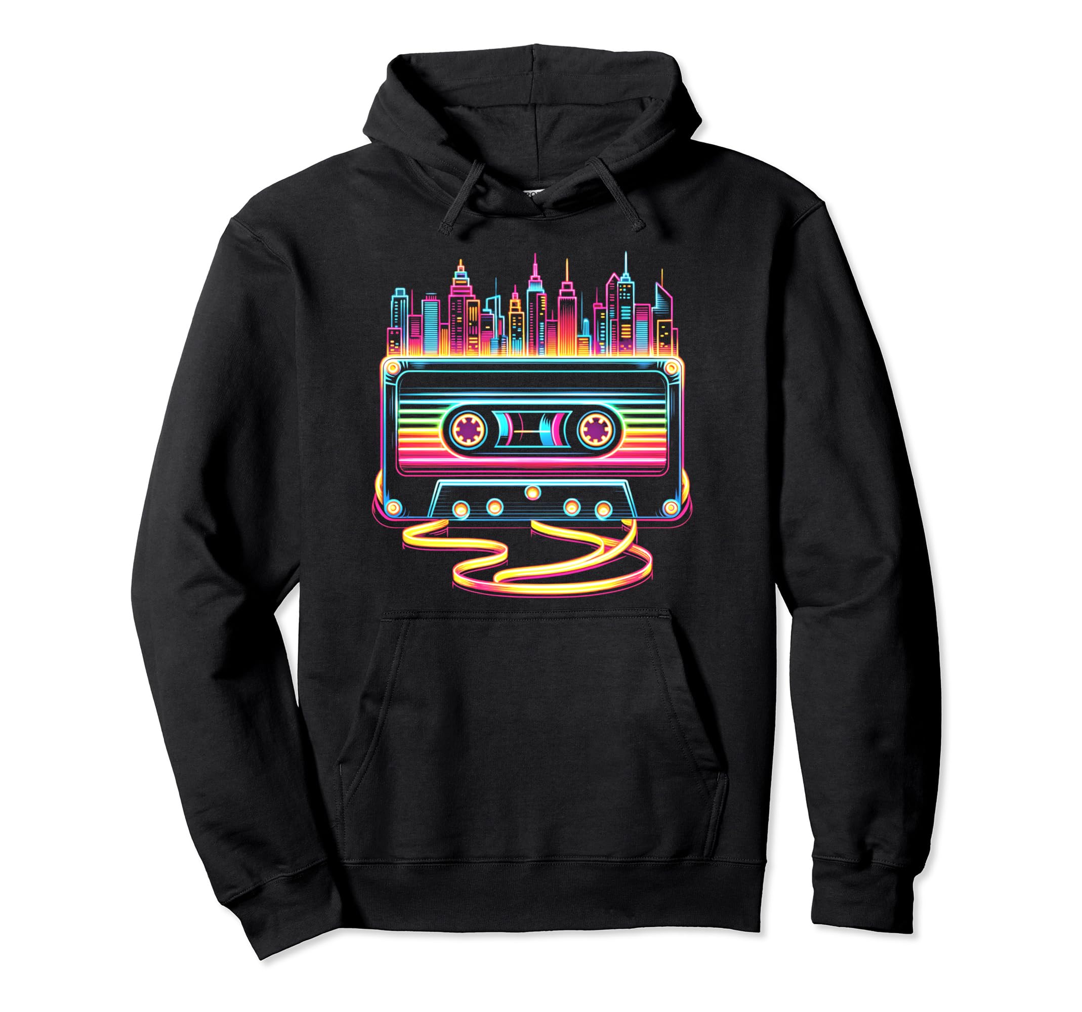 80S Cassette Tape And City Skyline Hoodie - Custom Art Print Unisex - T-Shirt, Sweatshirt, Hoodie