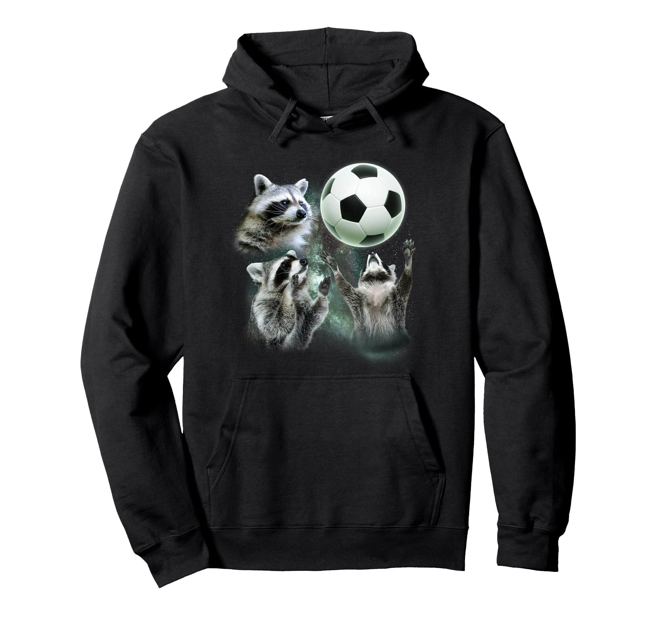 3 Racoon Soccer Howling Raccoon Head Hoodie - Unique Graphic Men Women - T-Shirt, Sweatshirt, Hoodie