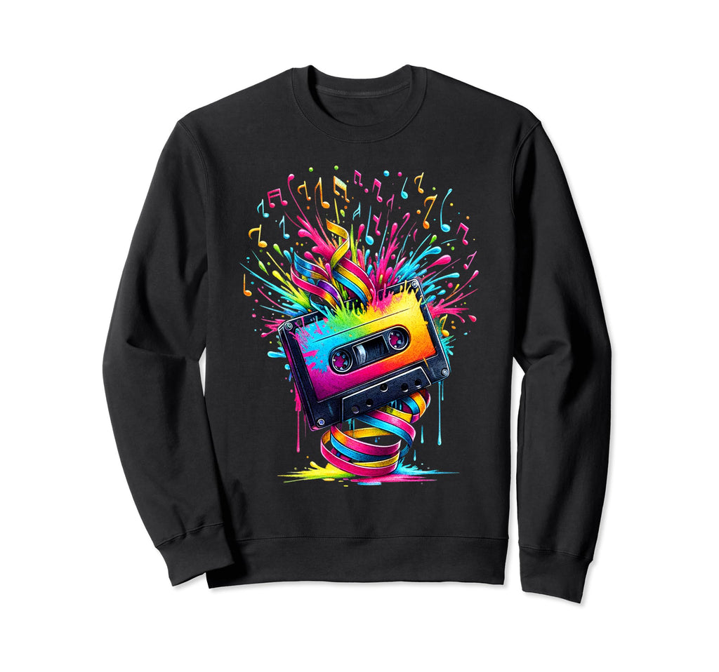 80S 90S Music Notes Cassette Tape Sweatshirt - Novelty Apparel for Adults - T-Shirt, Sweatshirt, Hoodie