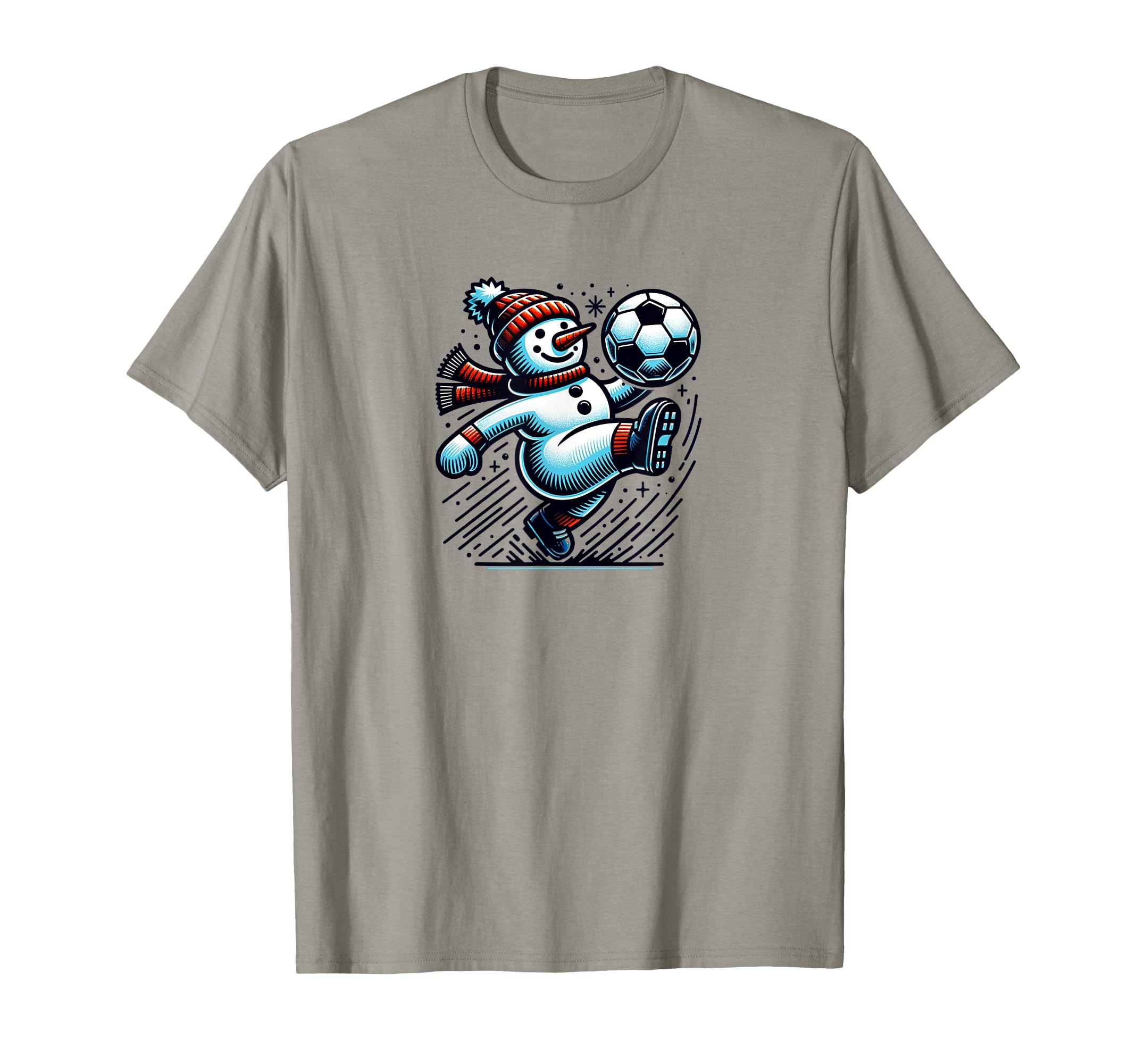 Snowman Kicking Soccer Ball T-Shirt - Minimalist Print for Adults - T-Shirt, Sweatshirt, Hoodie