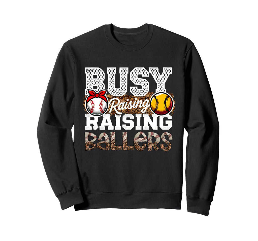 Busy Raising Ballers Leopard Softball Sweatshirt - Novelty Apparel Unisex - T-Shirt, Sweatshirt, Hoodie