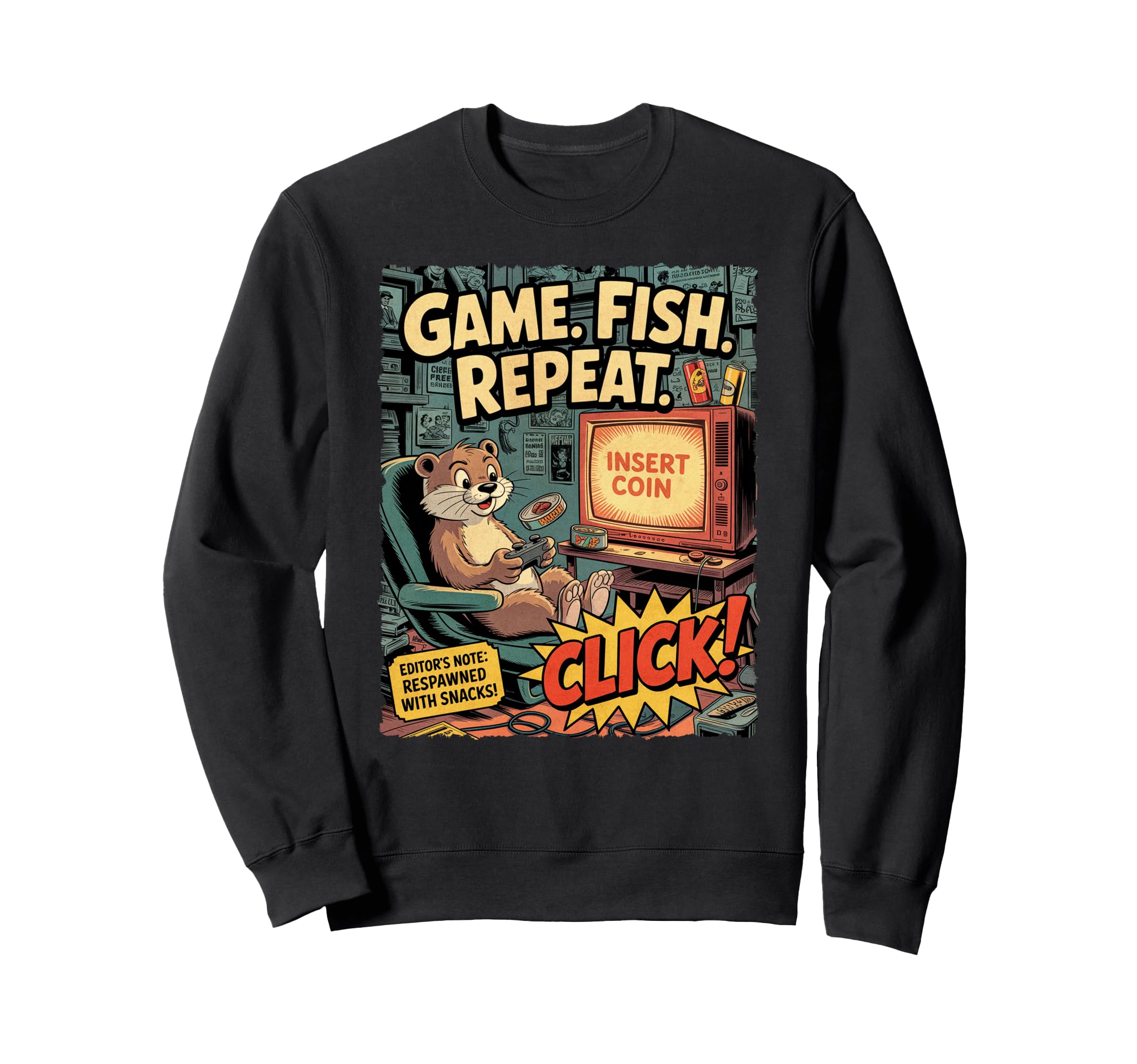 Funny Otter Gamer Comic Game Fish Sweatshirt - Custom Art Print Men Women - T-Shirt, Sweatshirt, Hoodie