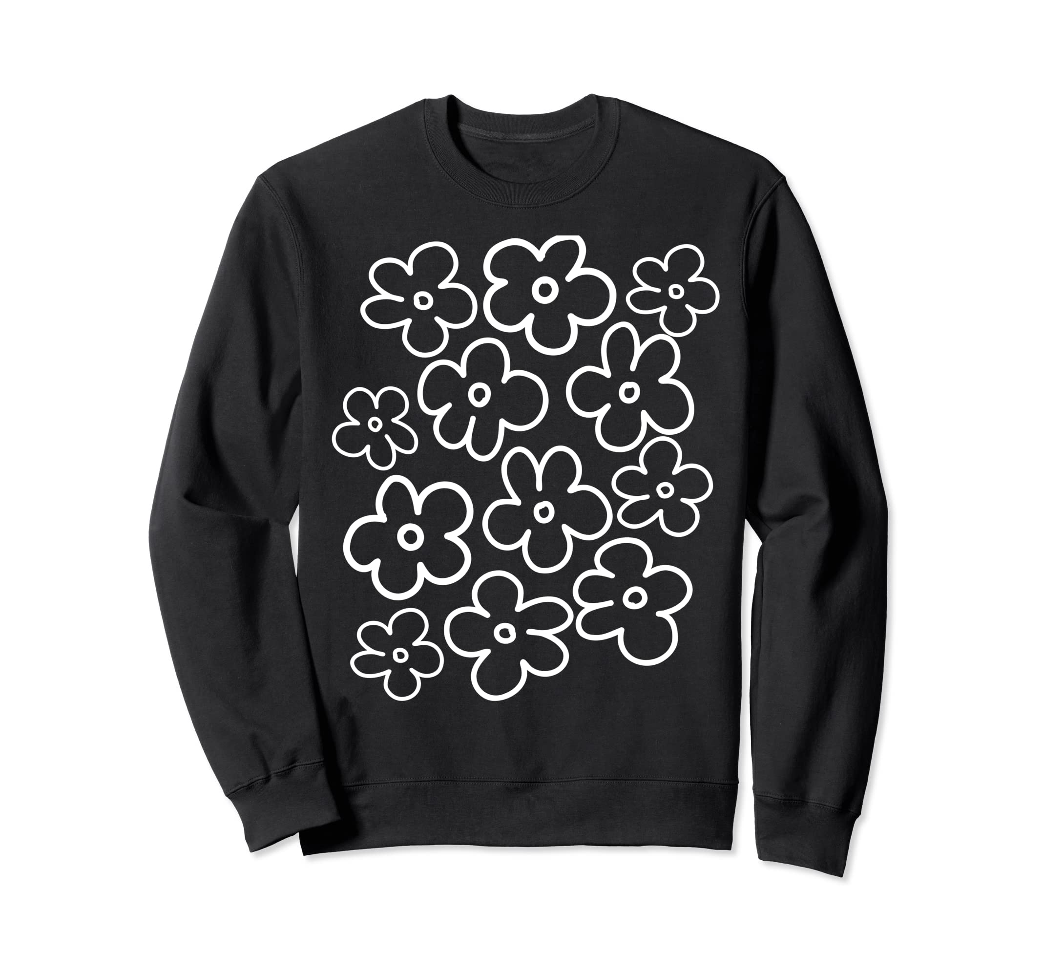 Black And White Flower Pattern Sweatshirt - Casual Everyday Wear Men Women - T-Shirt, Sweatshirt, Hoodie