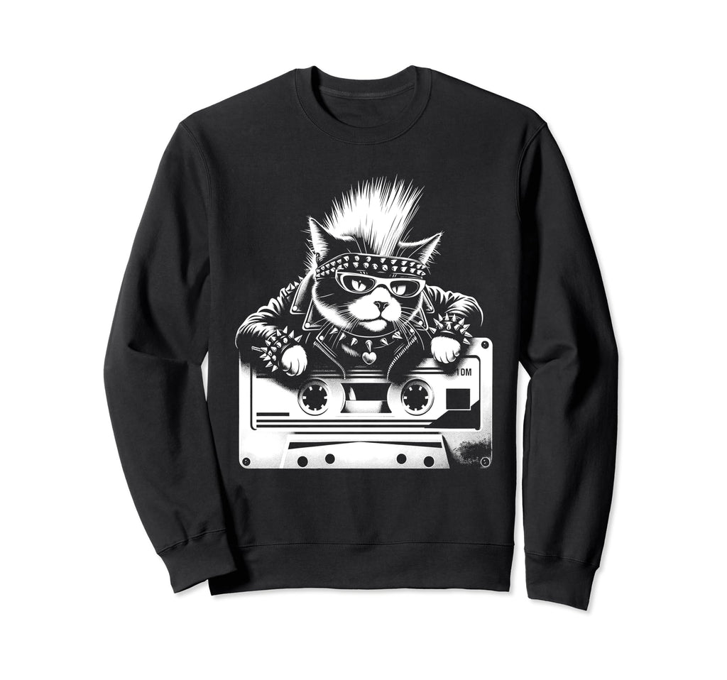 Funny Cat Punk Rock Roll Sweatshirt - Fun Novelty Design for Adults - T-Shirt, Sweatshirt, Hoodie