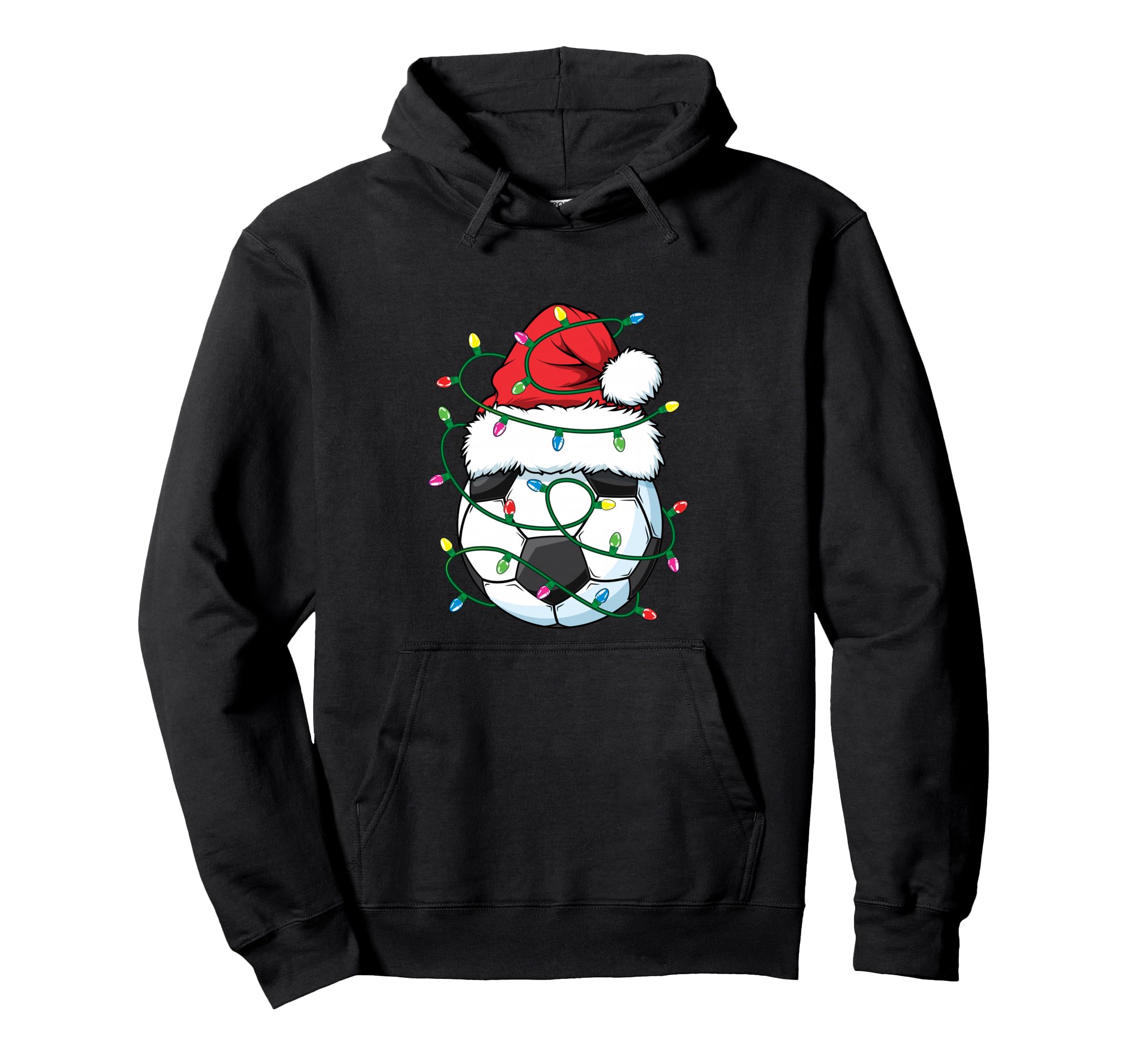 Funny Soccer Ball Santa Hat Lights Hoodie - Aesthetic Graphic for Adults - T-Shirt, Sweatshirt, Hoodie
