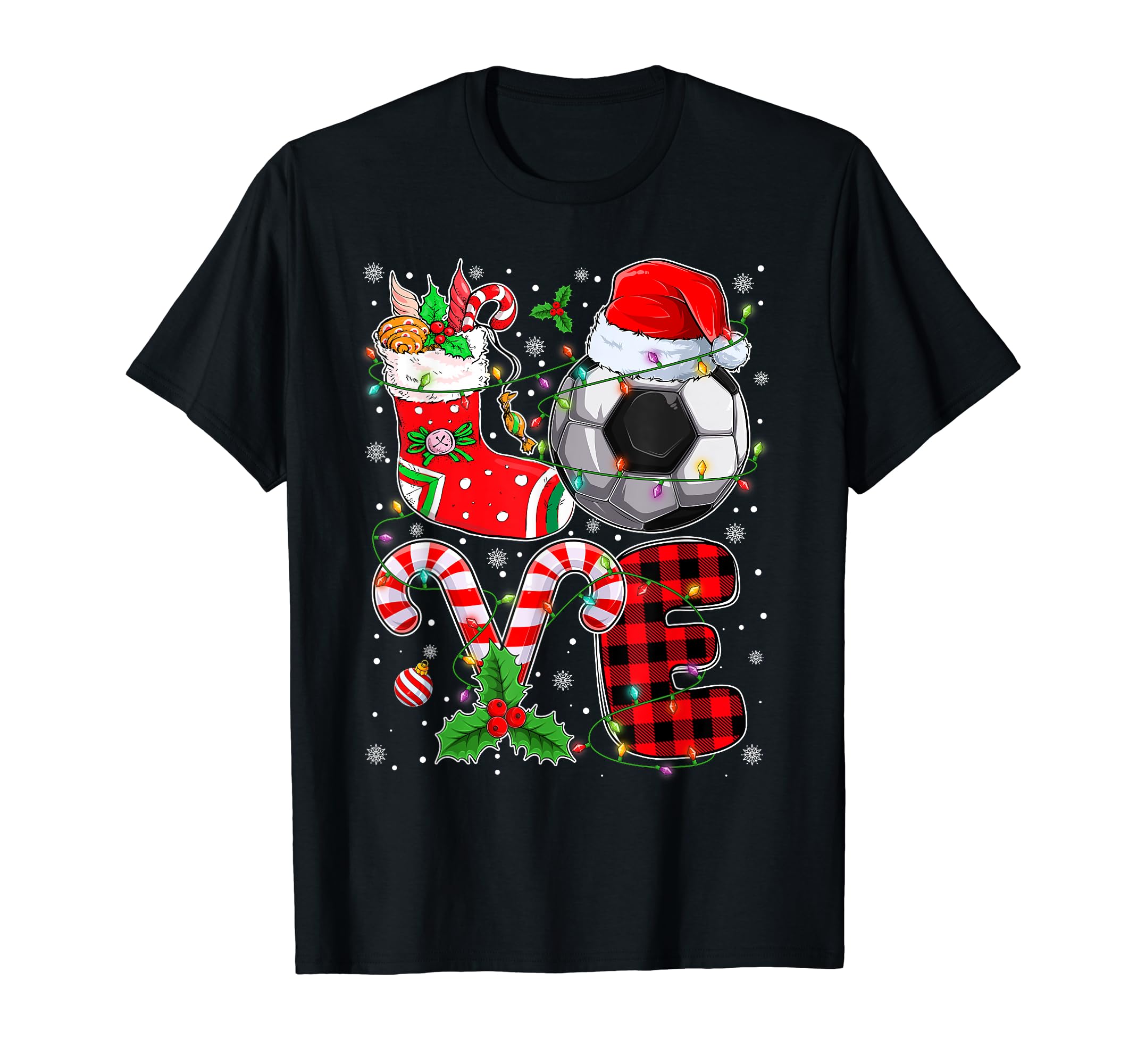 Funny Love Soccer Ball Santa Hat Lights T-Shirt - Streetwear Style Unisex - T-Shirt, Sweatshirt, Hoodie