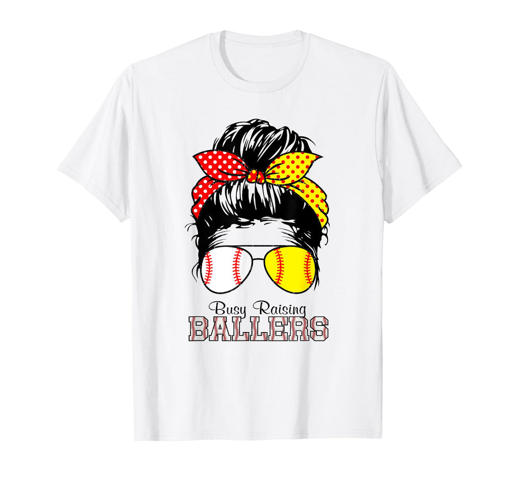 Busy Raising Ballers Messy Bun Funny T-Shirt - Unique Graphic for Adults - T-Shirt, Sweatshirt, Hoodie