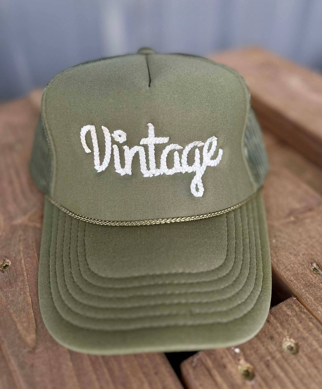 Vintage Rope Embroidery Olive Otto Trucker Hat - Adult & Kids T-Shirts, Sweatshirts & Hoodies apparel design preview 1