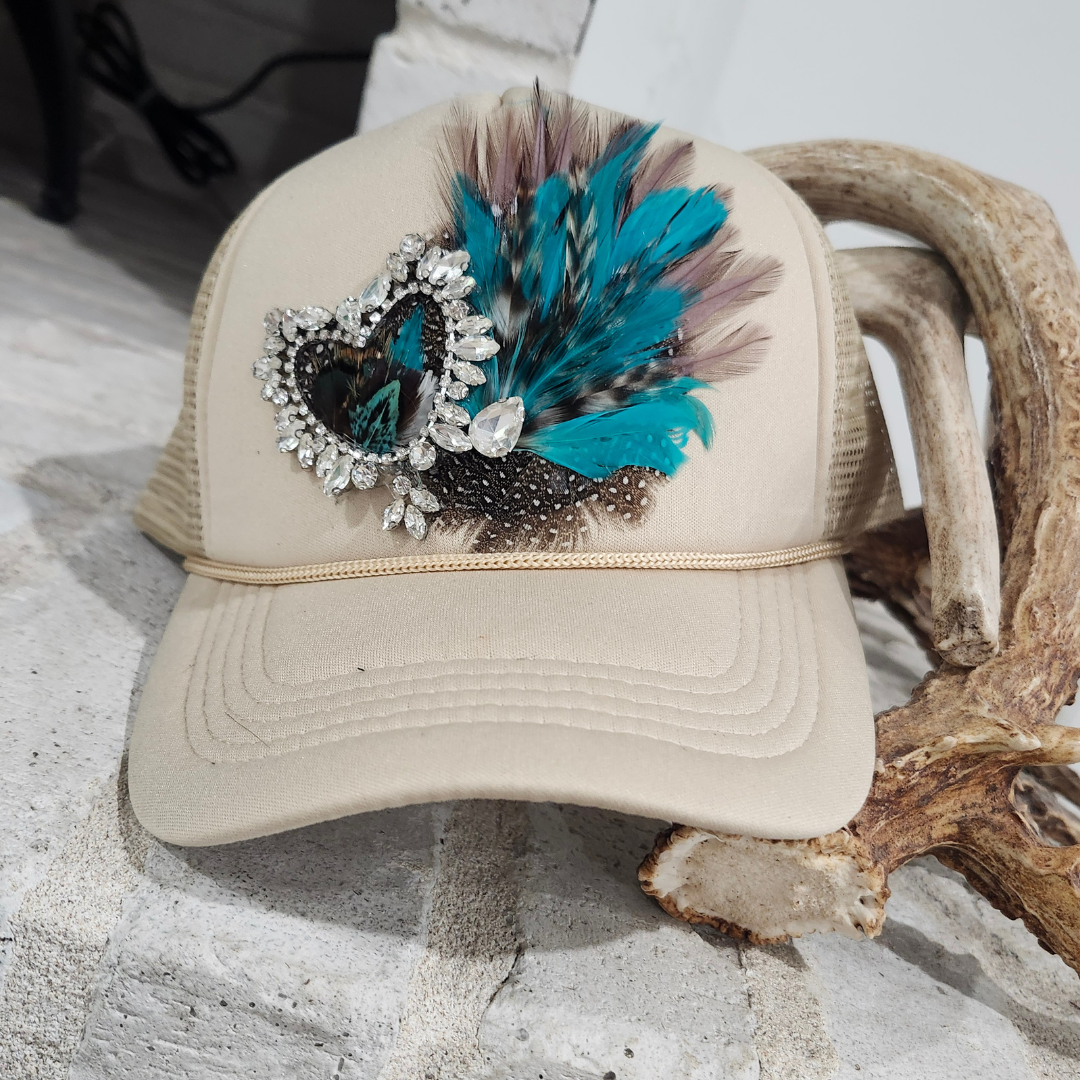 Rhinestone Heart and Feather Trucker Hat Khaki Color - Adult & Kids T-Shirts, Sweatshirts & Hoodies apparel design preview 1