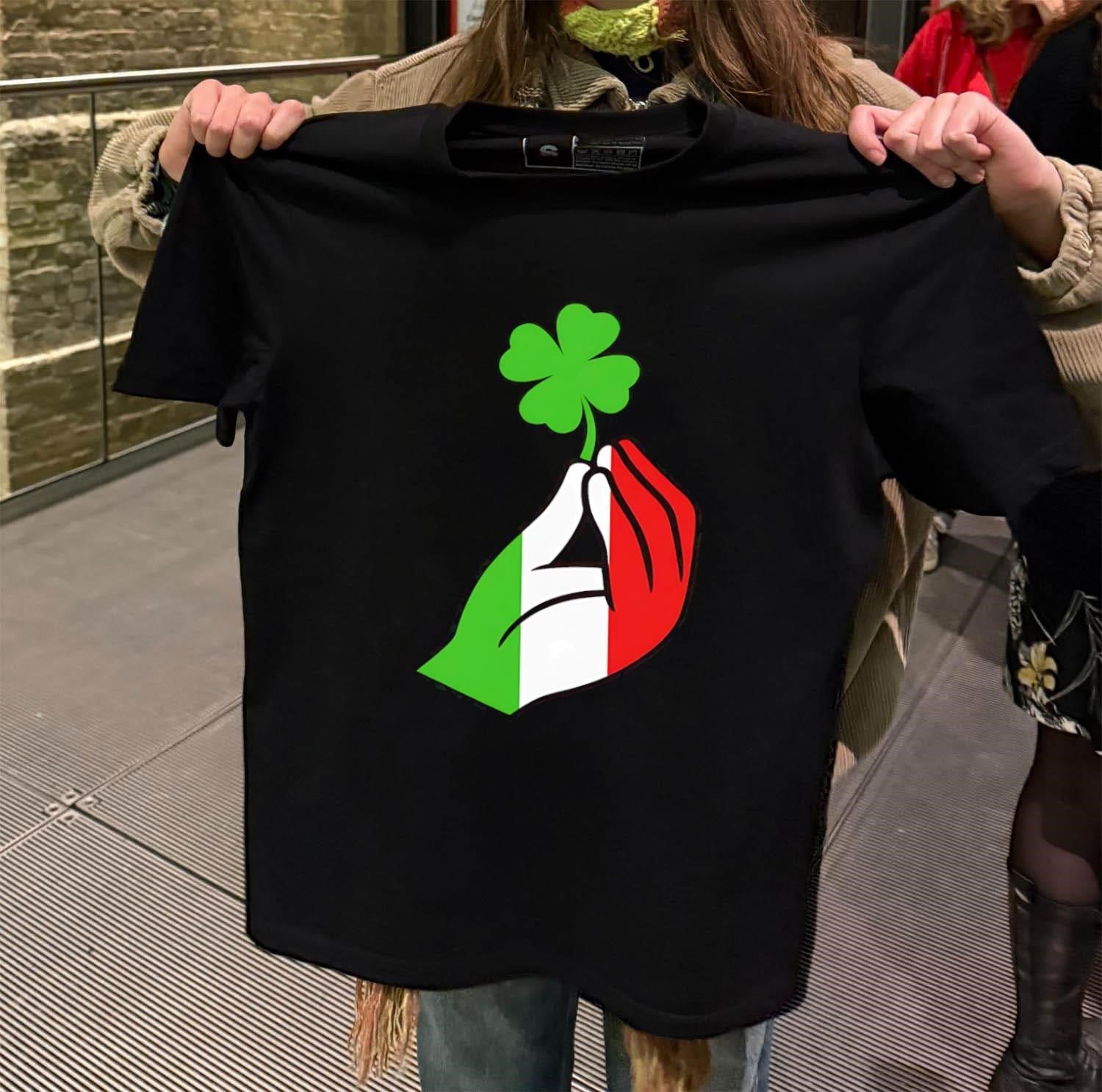 Italian Hand Gesture Holding Green Four Leaf Clover - Adult & Kids T-Shirts, Sweatshirts & Hoodies apparel design preview 2